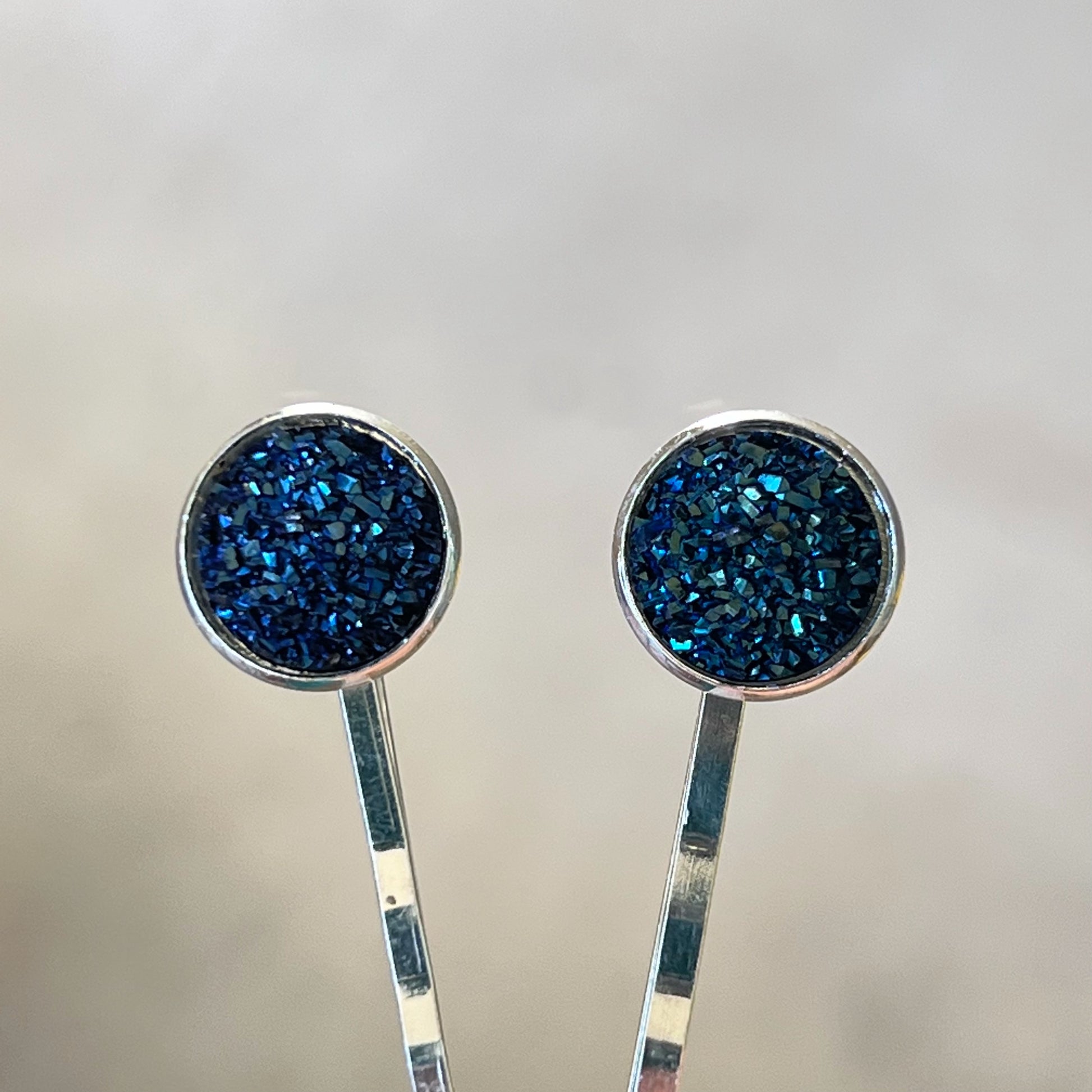 Cobalt Blue Druzy Silver Hair Pins - Elegant Accessories for Stylish Hairdos