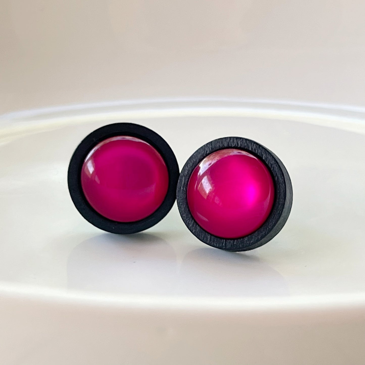 Pink Resin Black Wood Unisex Stud Earrings - Unique & Stylish Accessories