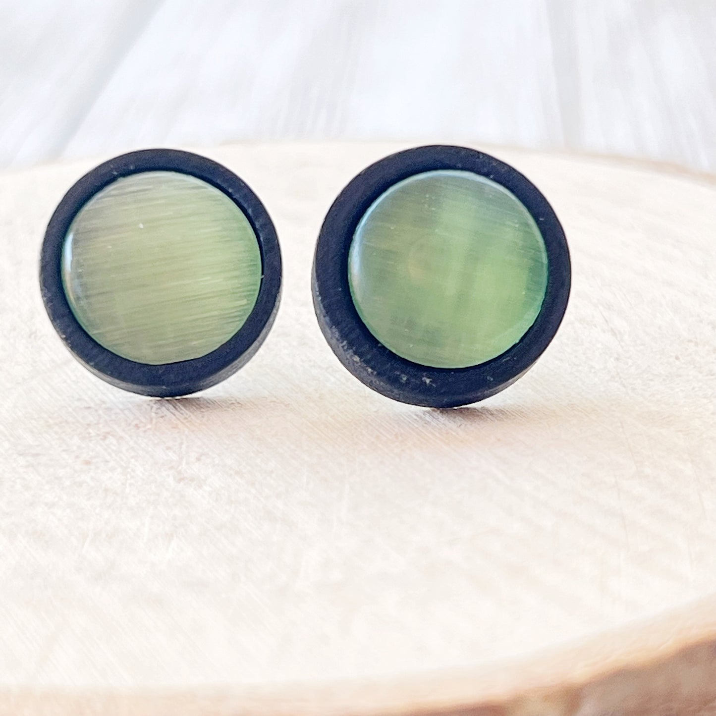 Green Glass Black Wood Unisex Stud Earrings - Stylish & Versatile Accessories