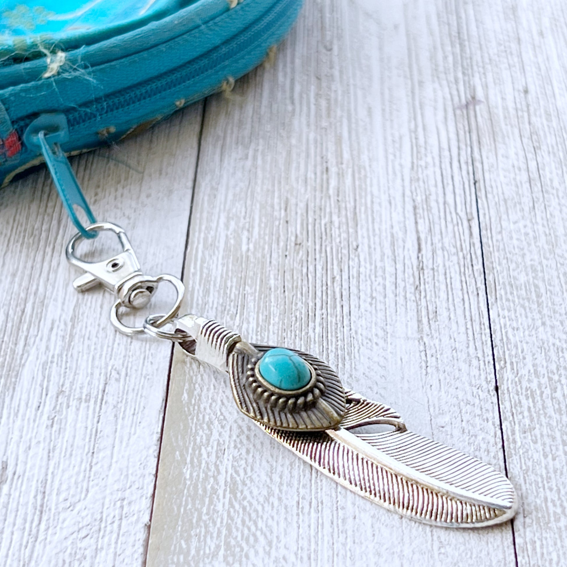 Turquoise Silver Feather Western Zipper Pull Keychain Charm