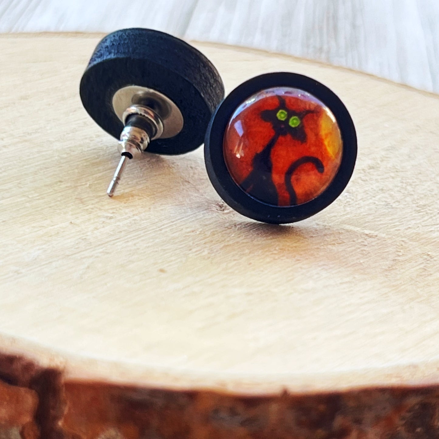 Black Cat Halloween Stainless Steel Black Wood Stud Earring - Spooky and Stylish Accessory