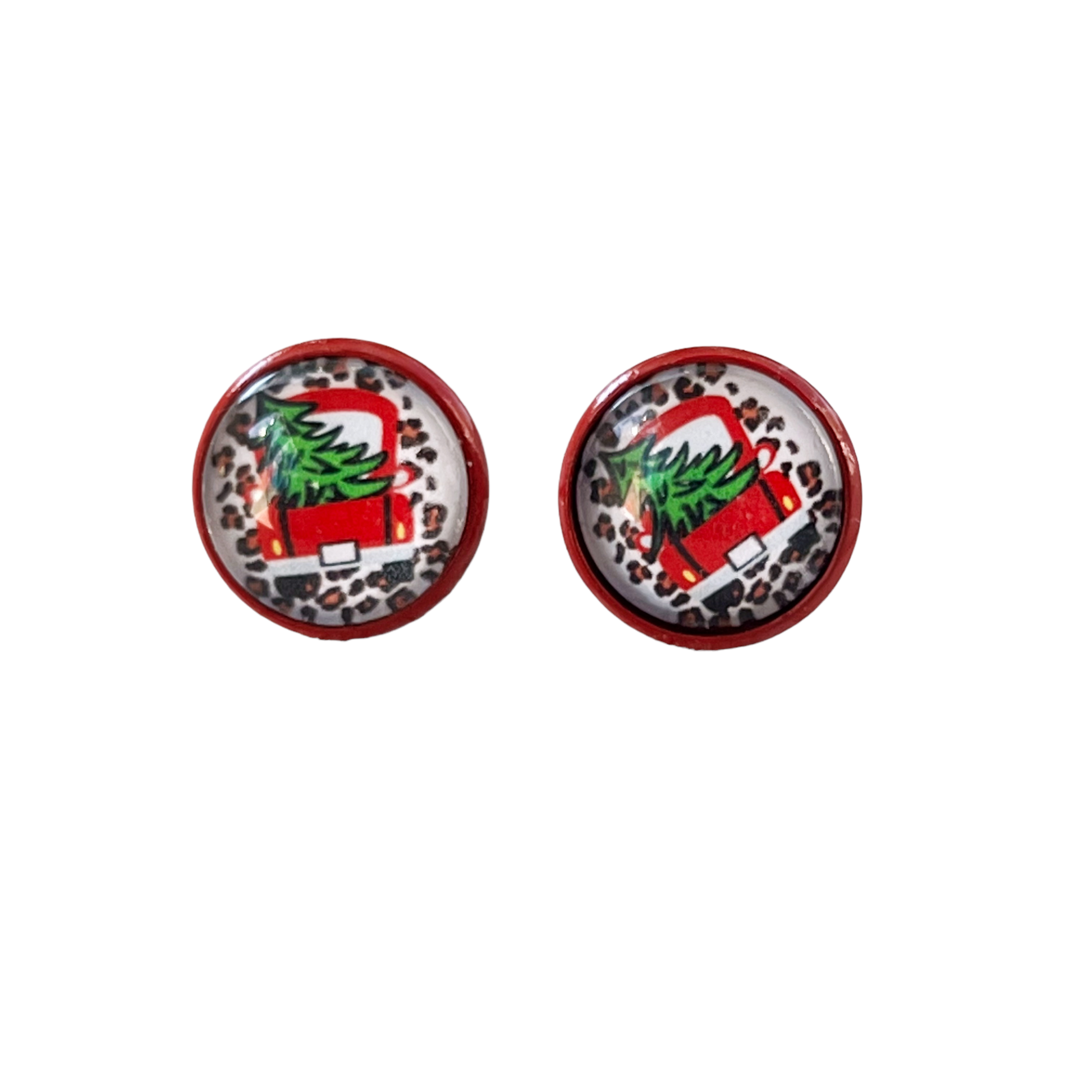 Red Truck with Christmas Tree Stud Earrings: Rustic Farmhouse Holiday Charm for Your Ears