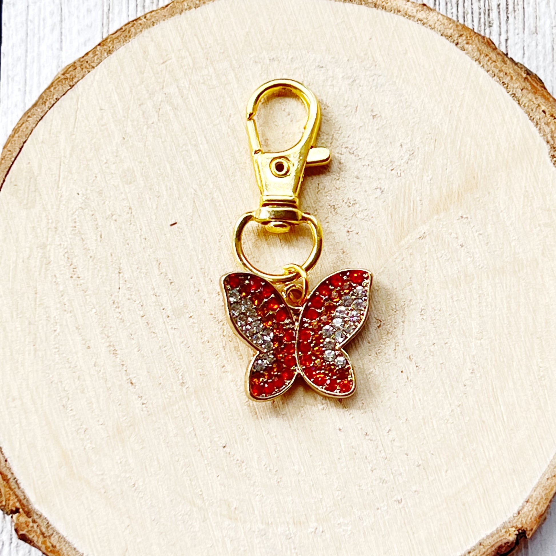 Red & Orange Butterfly Zipper Pull Keychain Charm with Rhinestones - Stylish and Whimsical Accessory for Your Bag