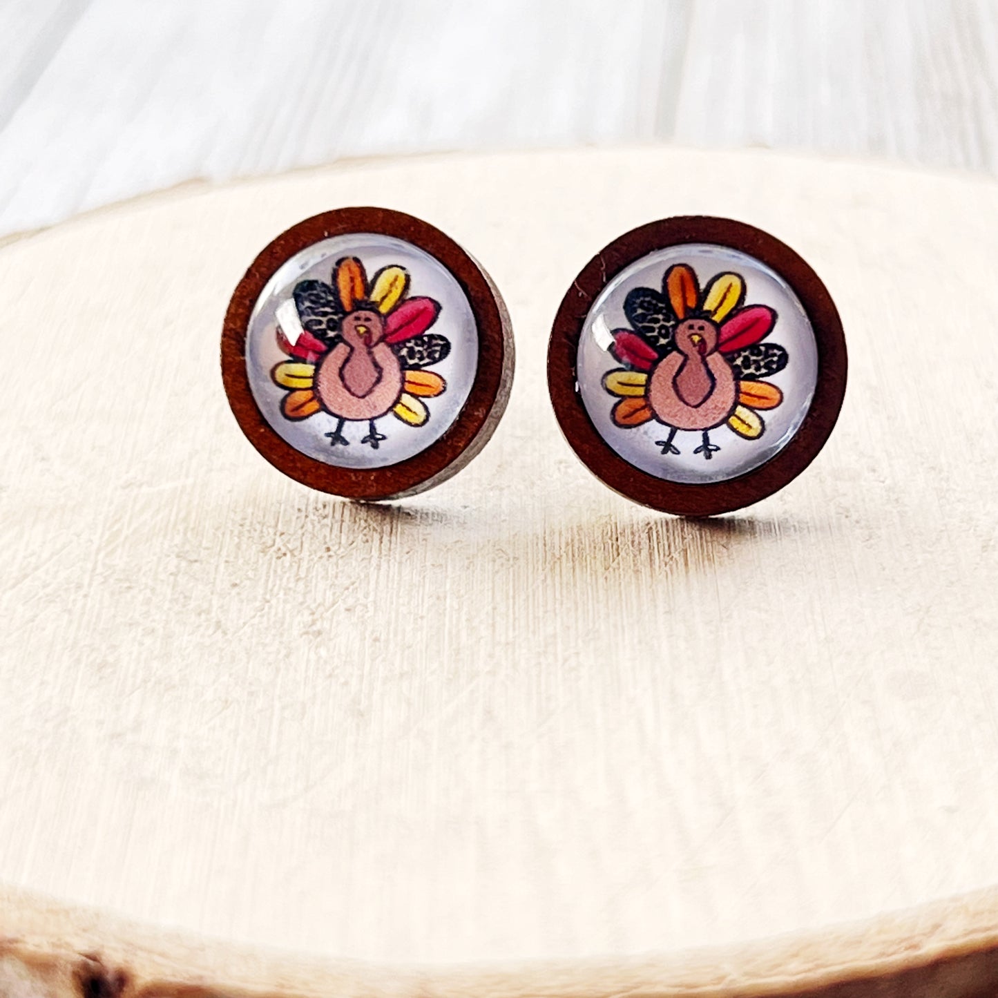 Thanksgiving Turkey Wood Stainless Steel Stud Earring