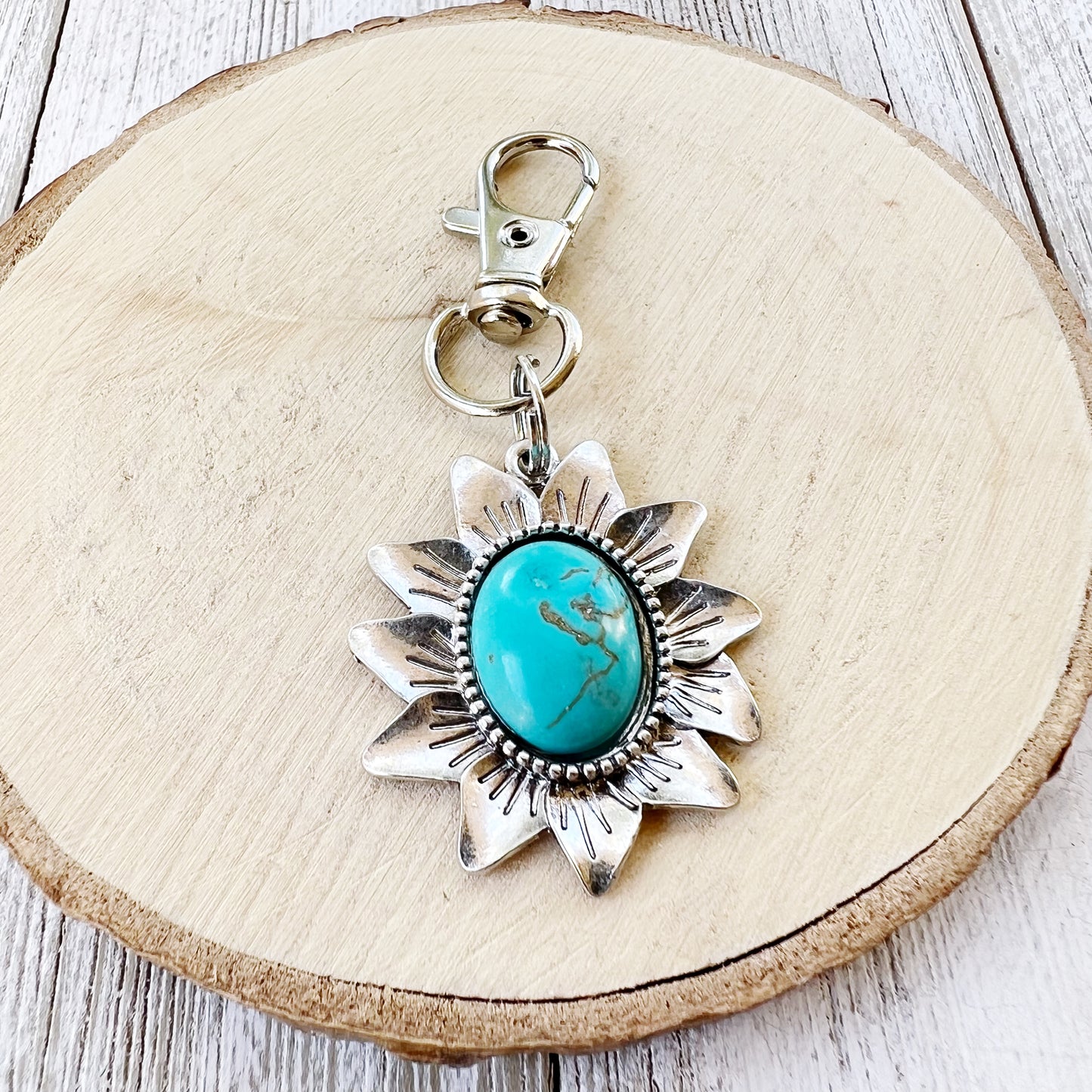 Turquoise Sunflower Boho Western Zipper Pull Purse Charm - Stylish Southwest-Inspired Accessory