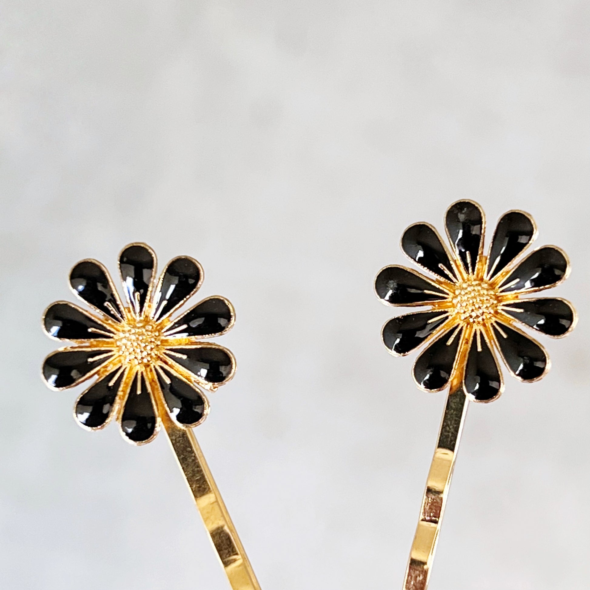 Black Enamel Flower Decorative Gold Hair Pins - Elegant Floral Hair Accessories