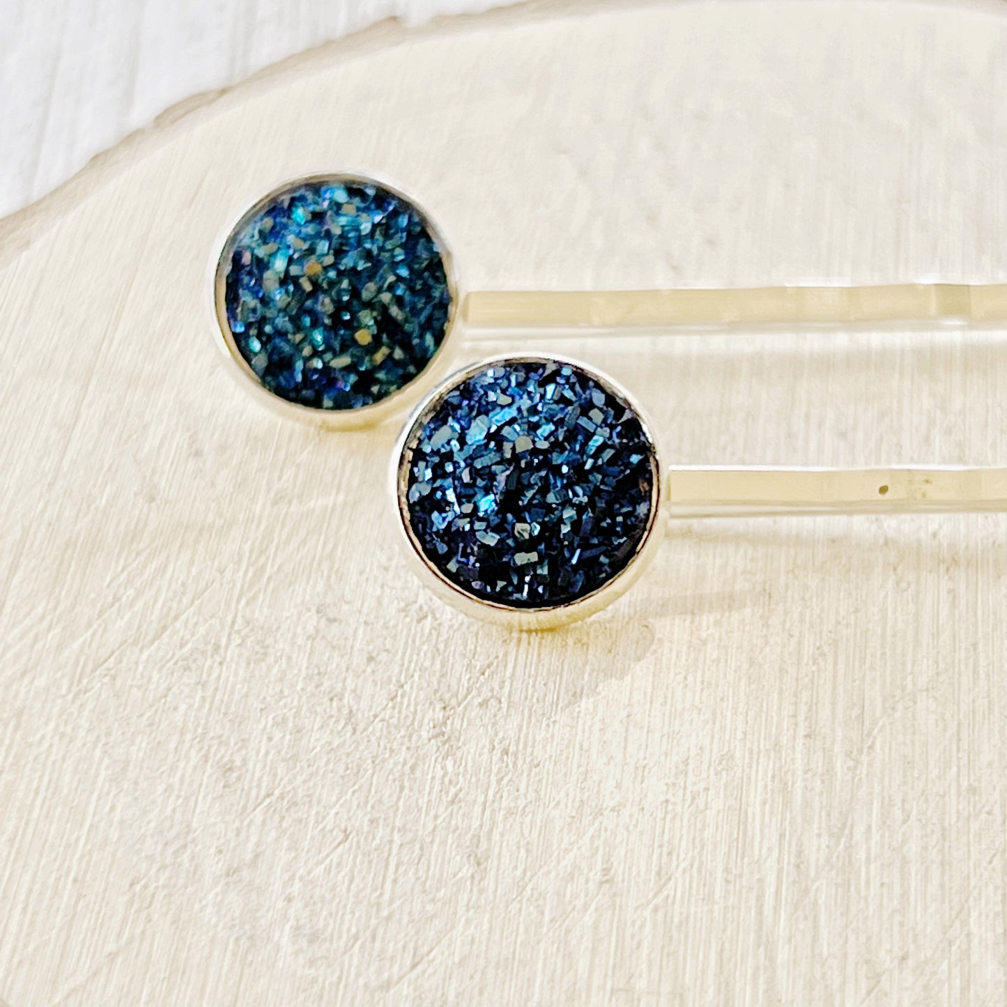 Cobalt Blue Druzy Silver Hair Pins - Elegant Accessories for Stylish Hairdos