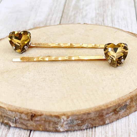 Gold Rhinestone Heart Hair Pins - Elegant & Glamorous Accessories