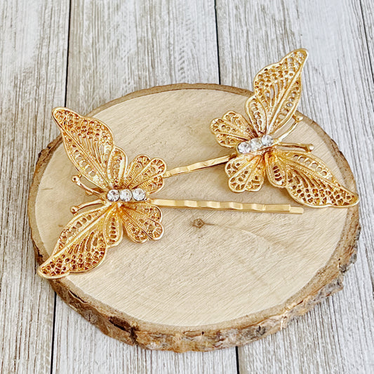 Gold Filigree Butterfly Hair Pins - Elegant Accessories for Stylish Hairdos