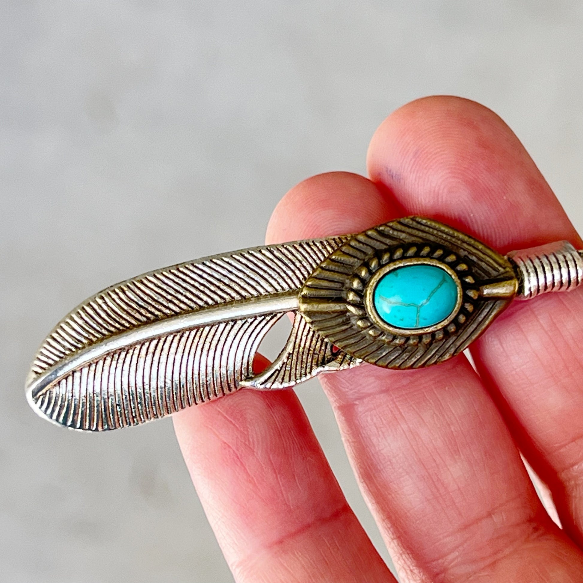 Turquoise Silver Feather Western Zipper Pull Keychain Charm