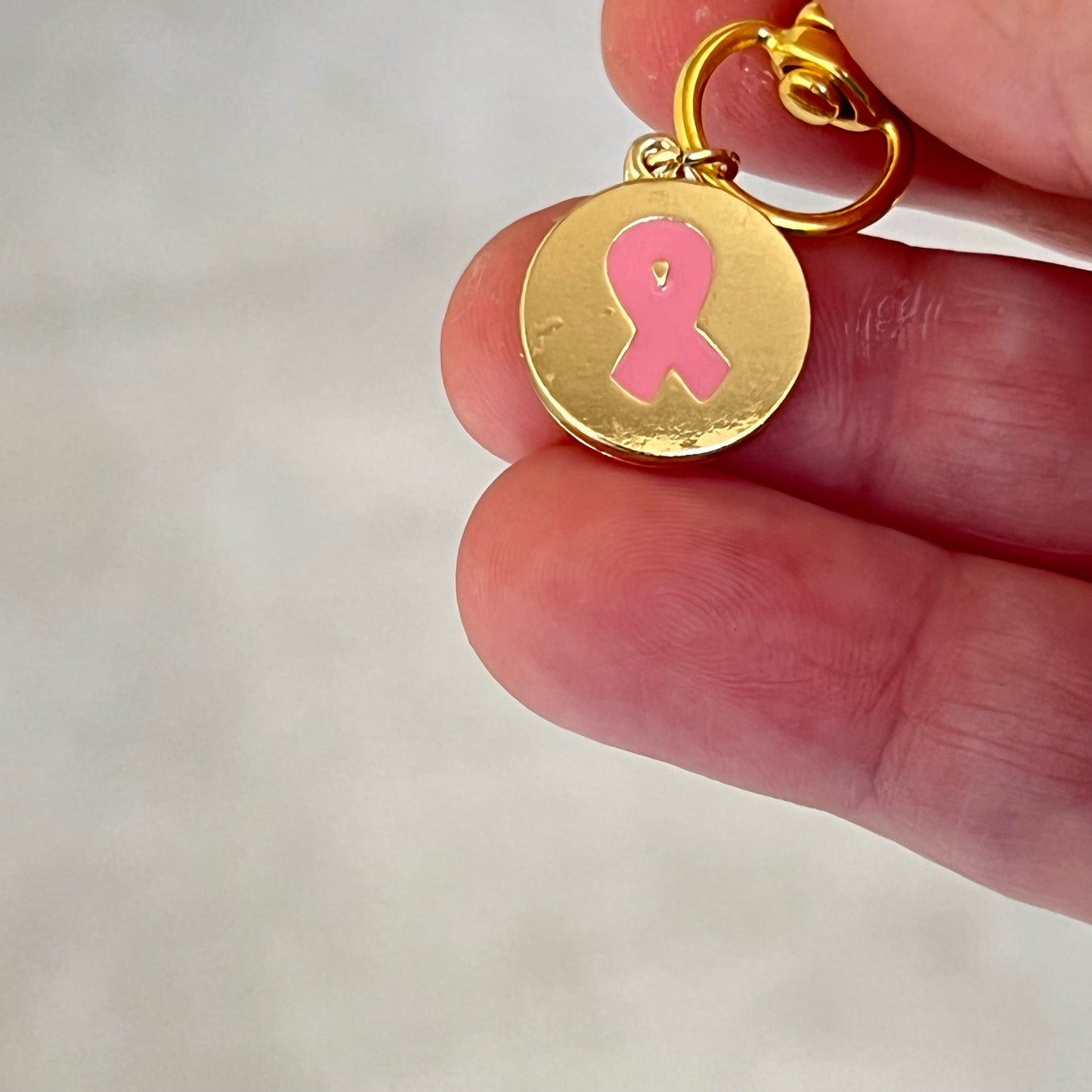 Pink Cancer Awareness Ribbon Zipper Pull Keychain Charm with Rhinestones