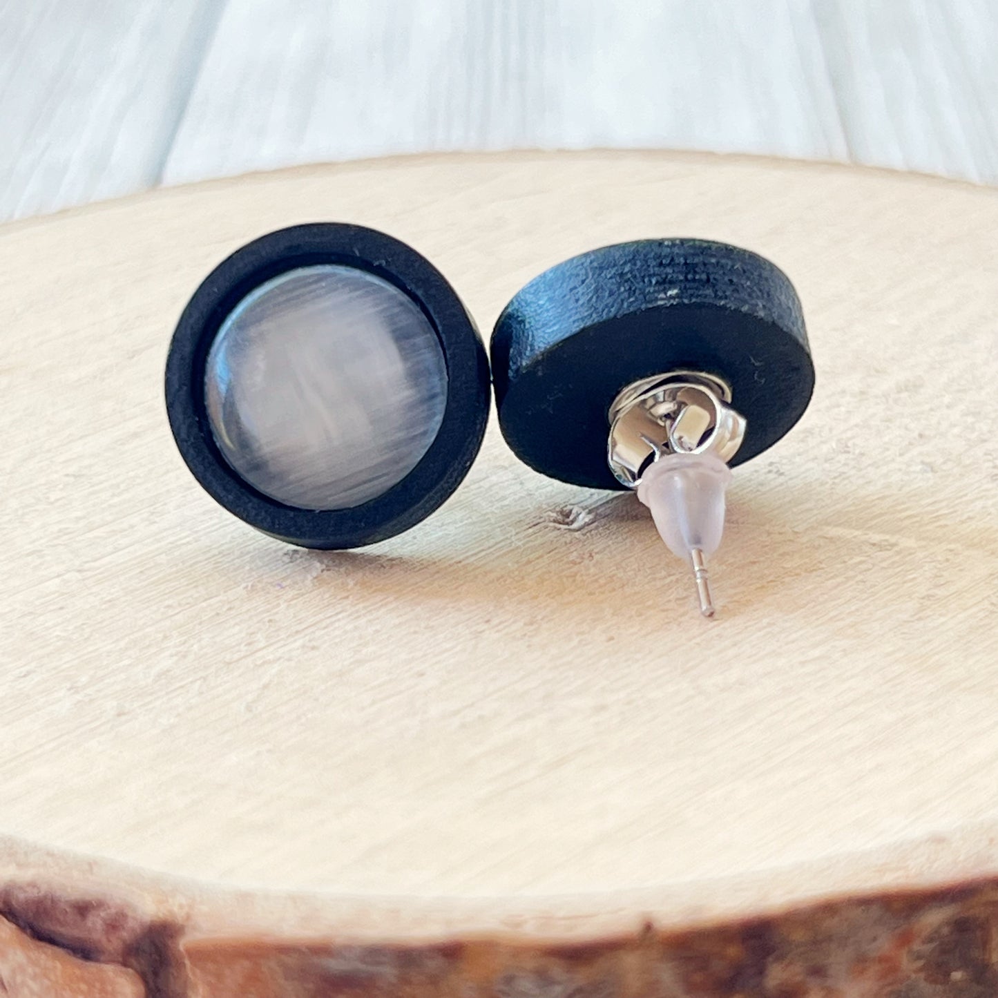 Gray Resin Black Wood Unisex Stud Earrings - Stylish & Versatile Accessories