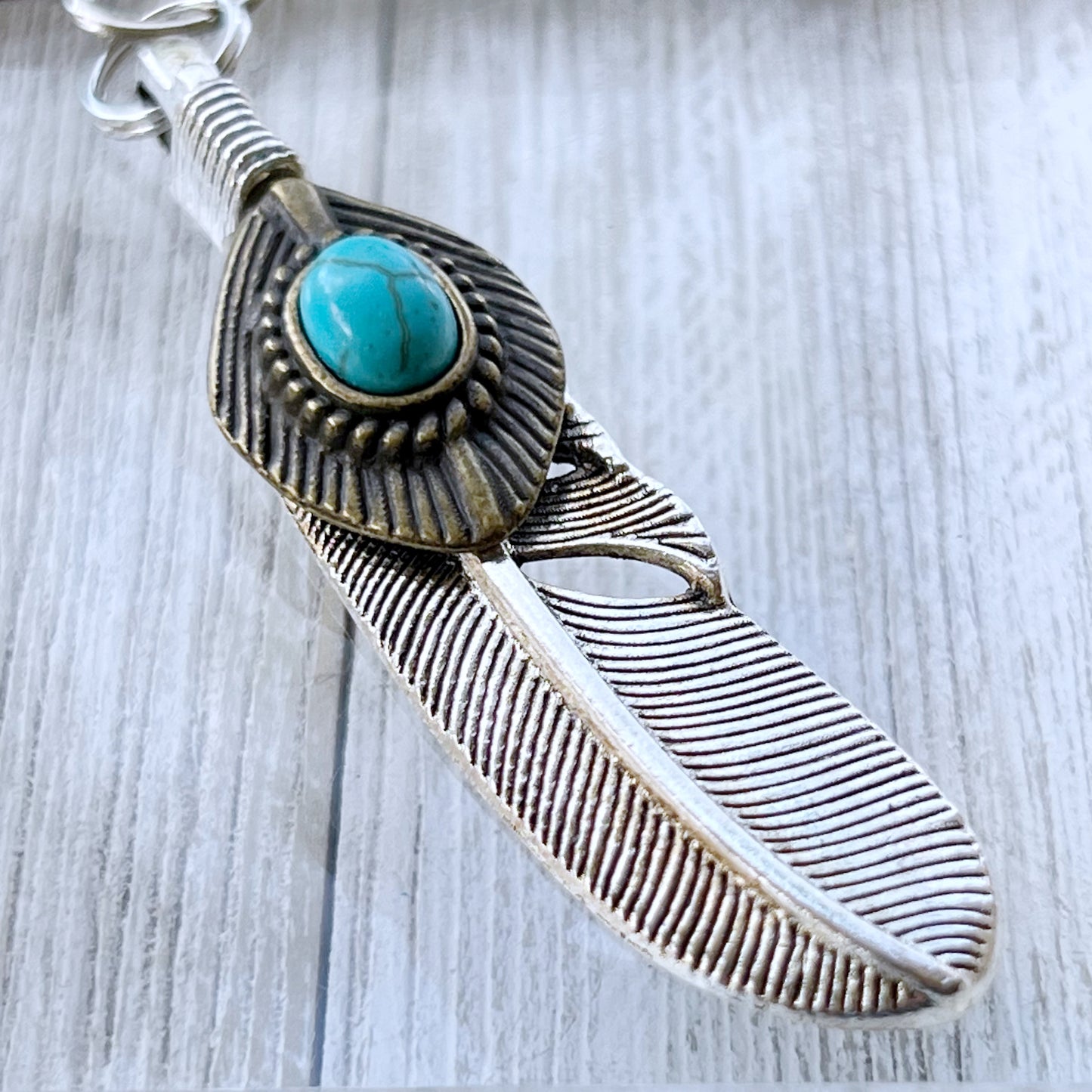 Turquoise Silver Feather Western Zipper Pull Keychain Charm