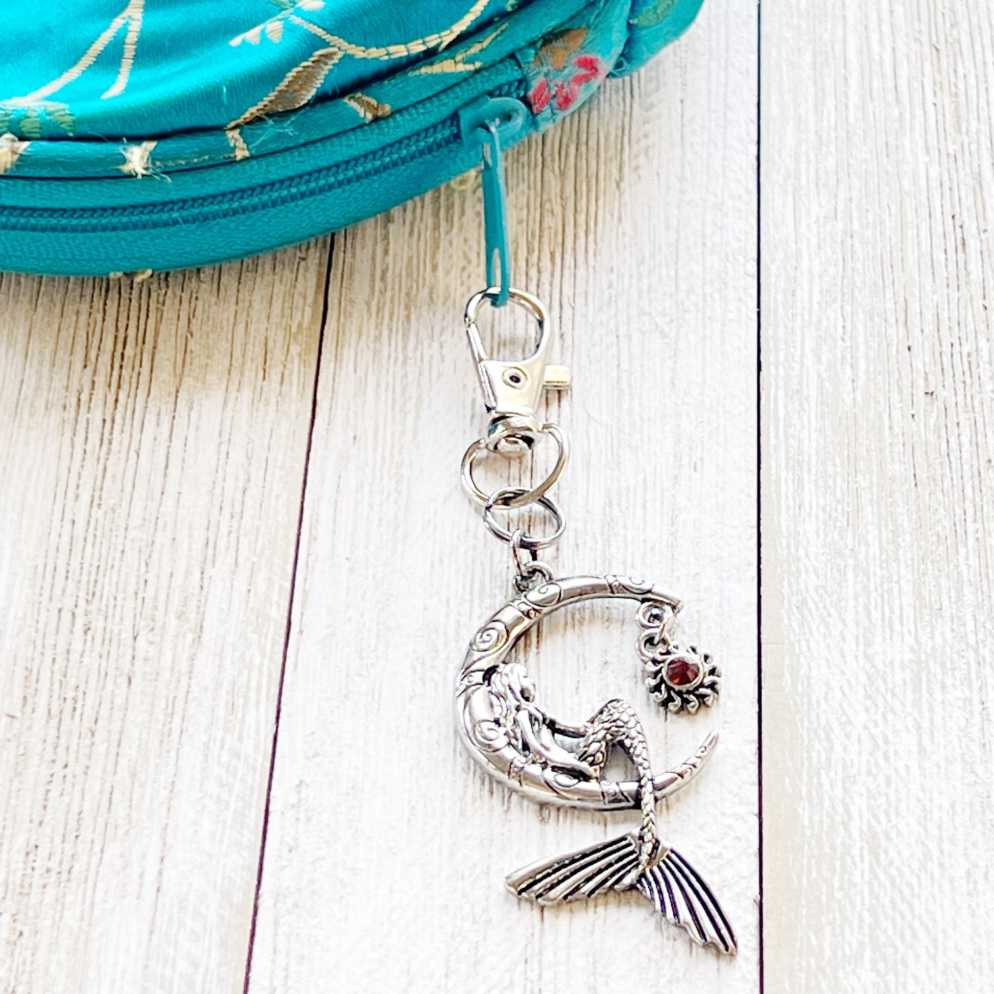 Silver Mermaid Crescent Moon Purse Charm with Rhinestone Sun