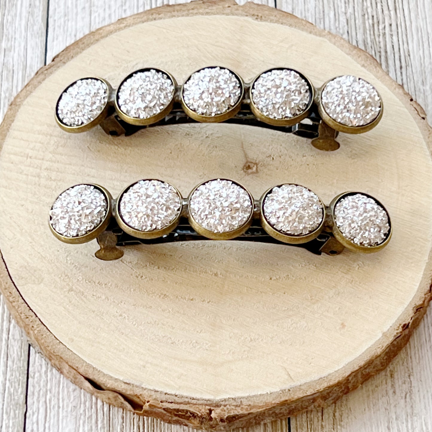 Metallic Silver Druzy Brass Barrettes - Stylish & Elegant Hair Accessories