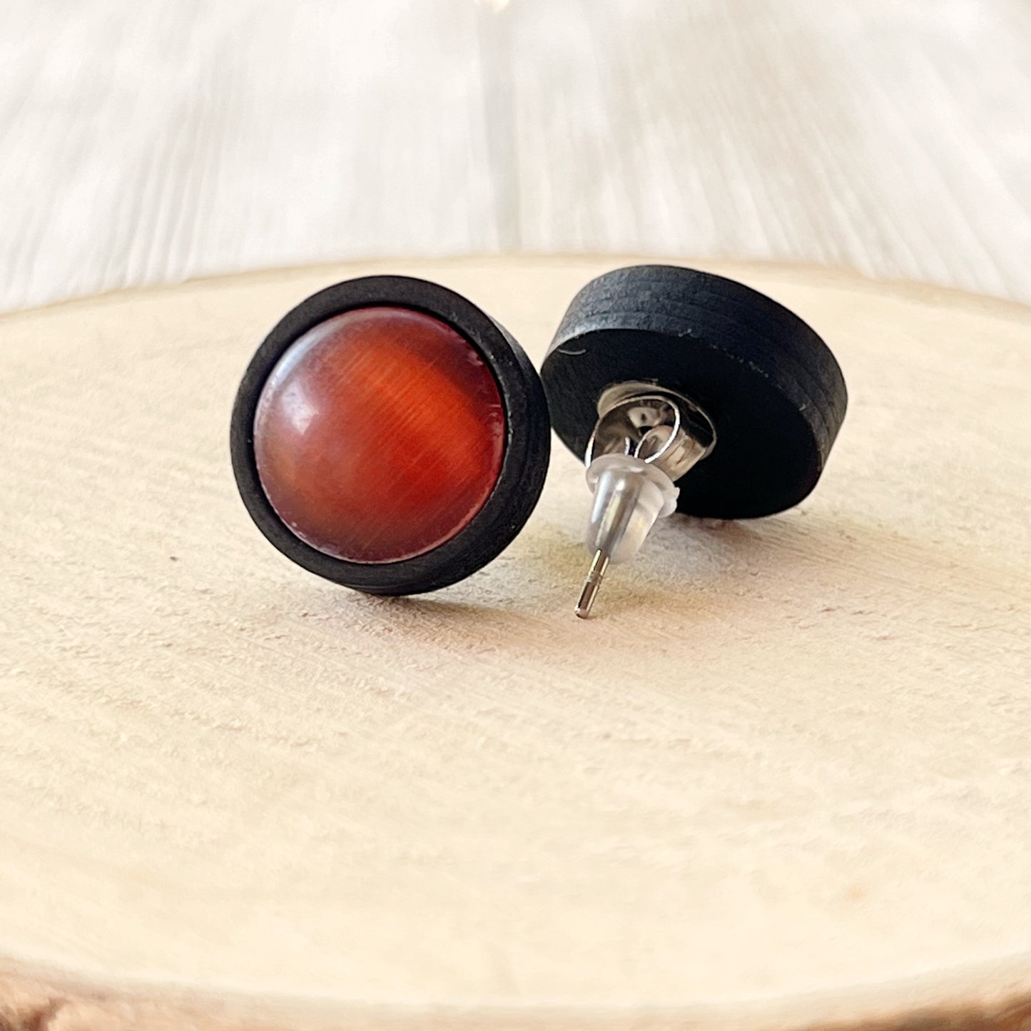 Orange Resin Black Wood Unisex Stud Earrings - Unique & Stylish Accessories