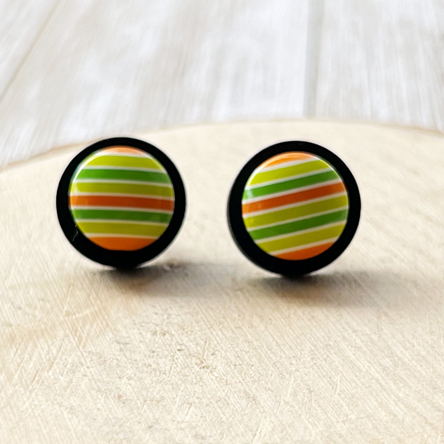 Green & Orange Striped Black Wood Stud Earrings - Unique and Colorful Accessories