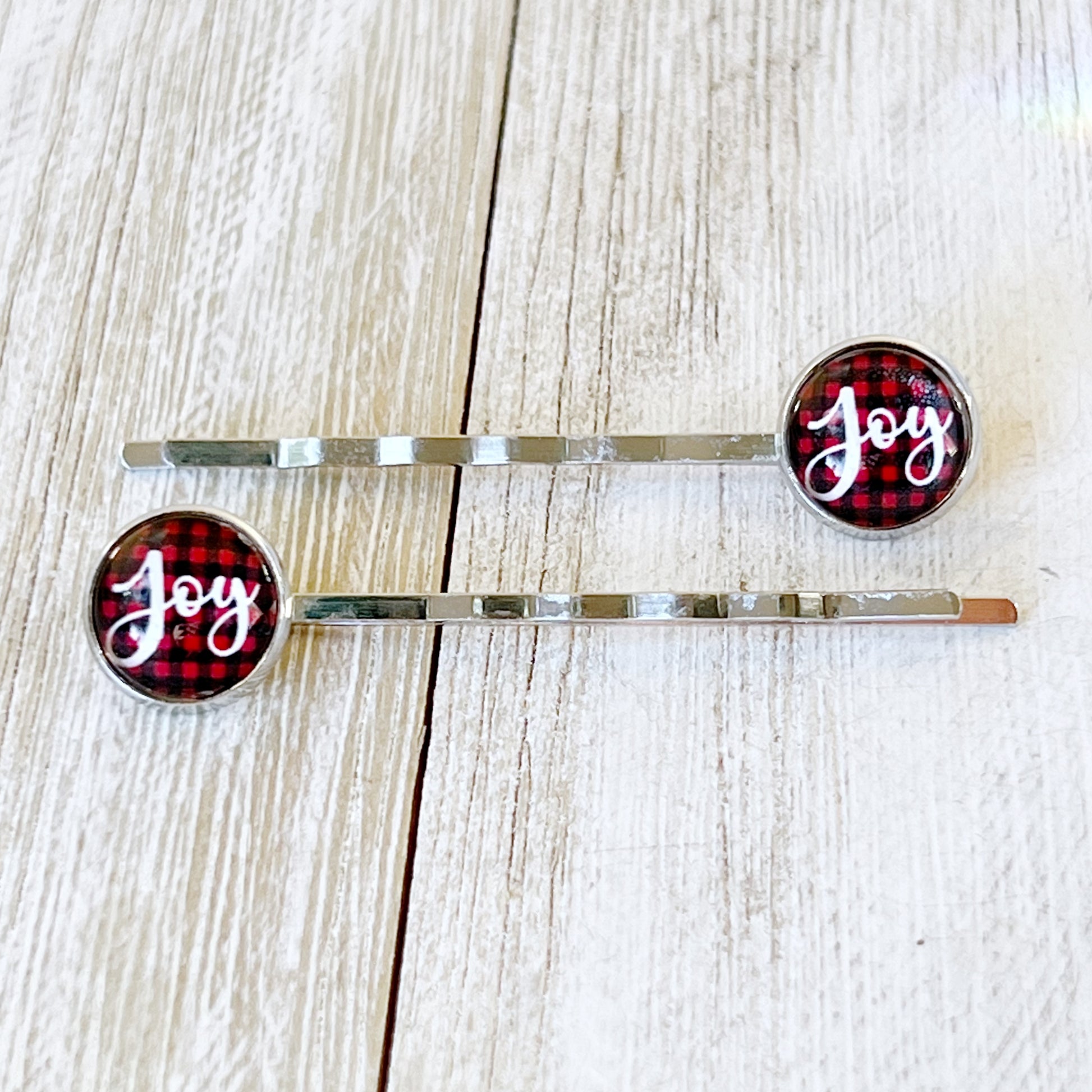 Red Buffalo Plaid Joy Christmas Holiday Bobby Pins