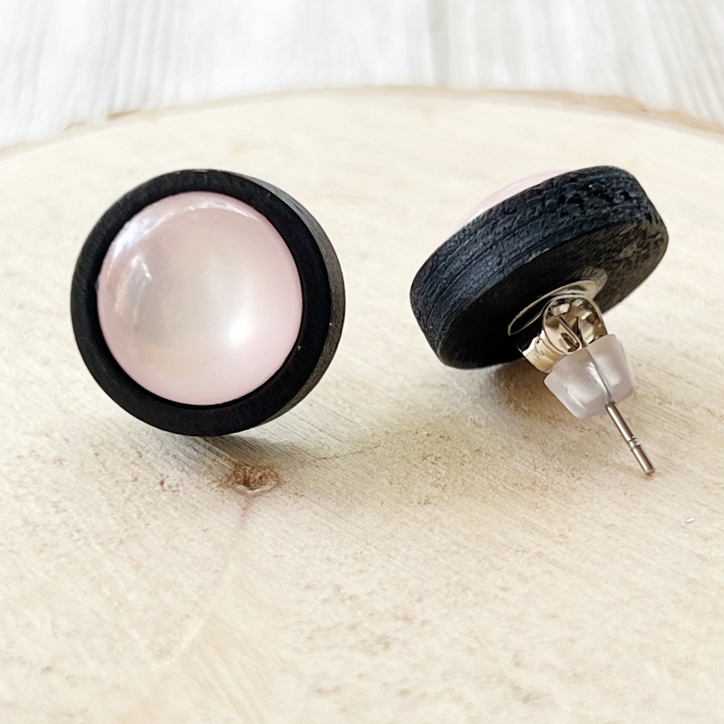 Pink Resin Black Wood Unisex Stud Earrings - Unique & Stylish Accessories