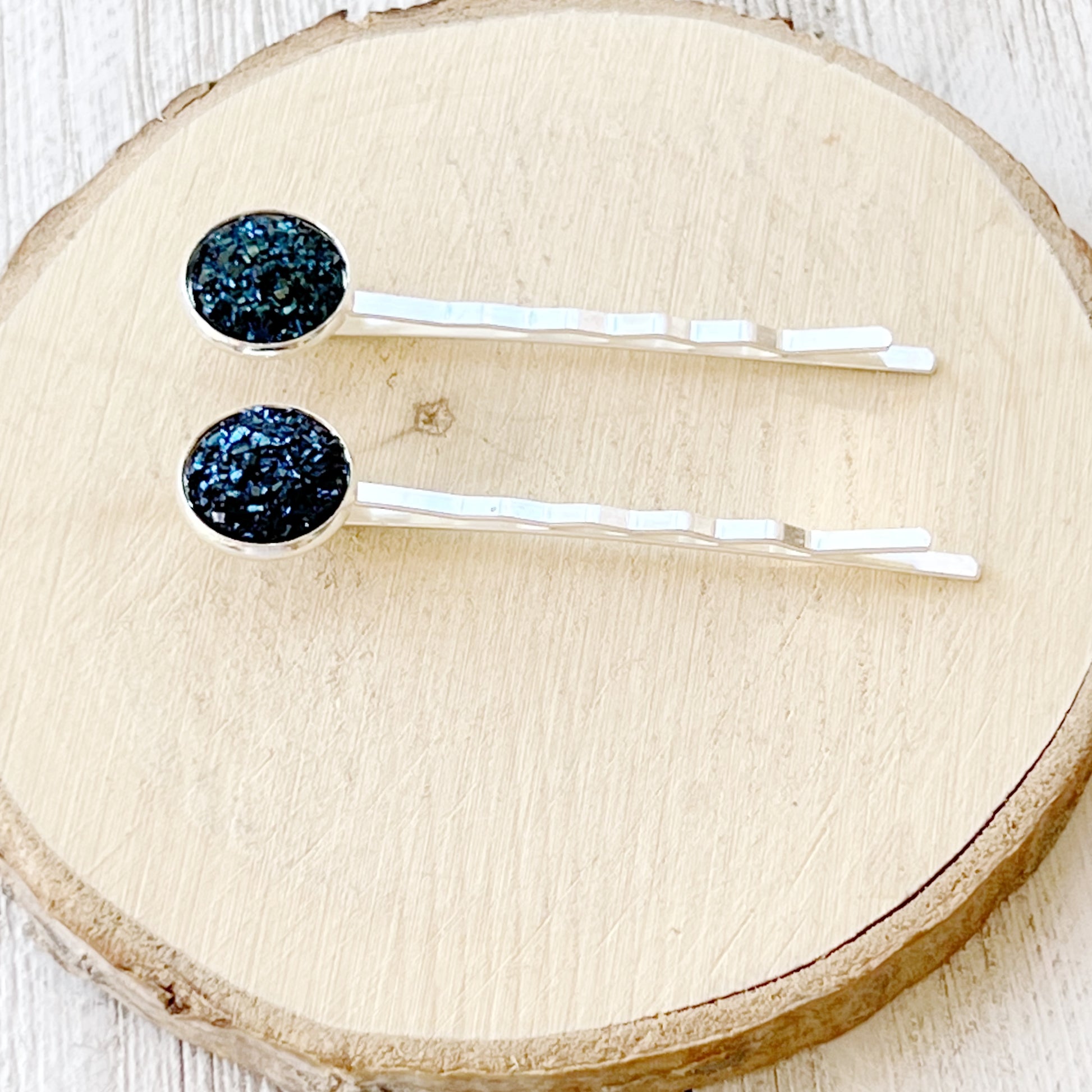 Cobalt Blue Druzy Silver Hair Pins - Elegant Accessories for Stylish Hairdos