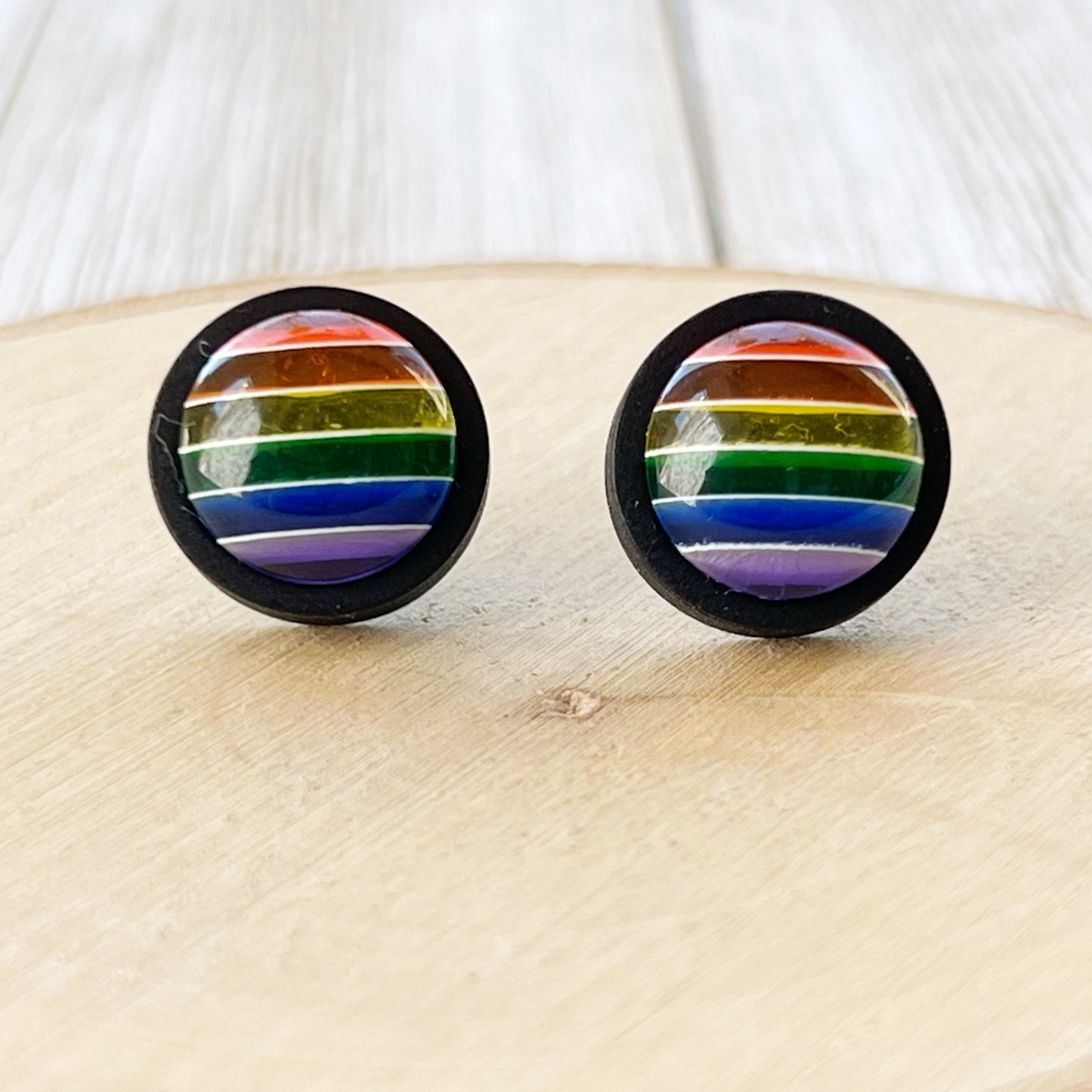 Rainbow Striped Black Wood Stud Earrings - Colorful and Unique Accessories