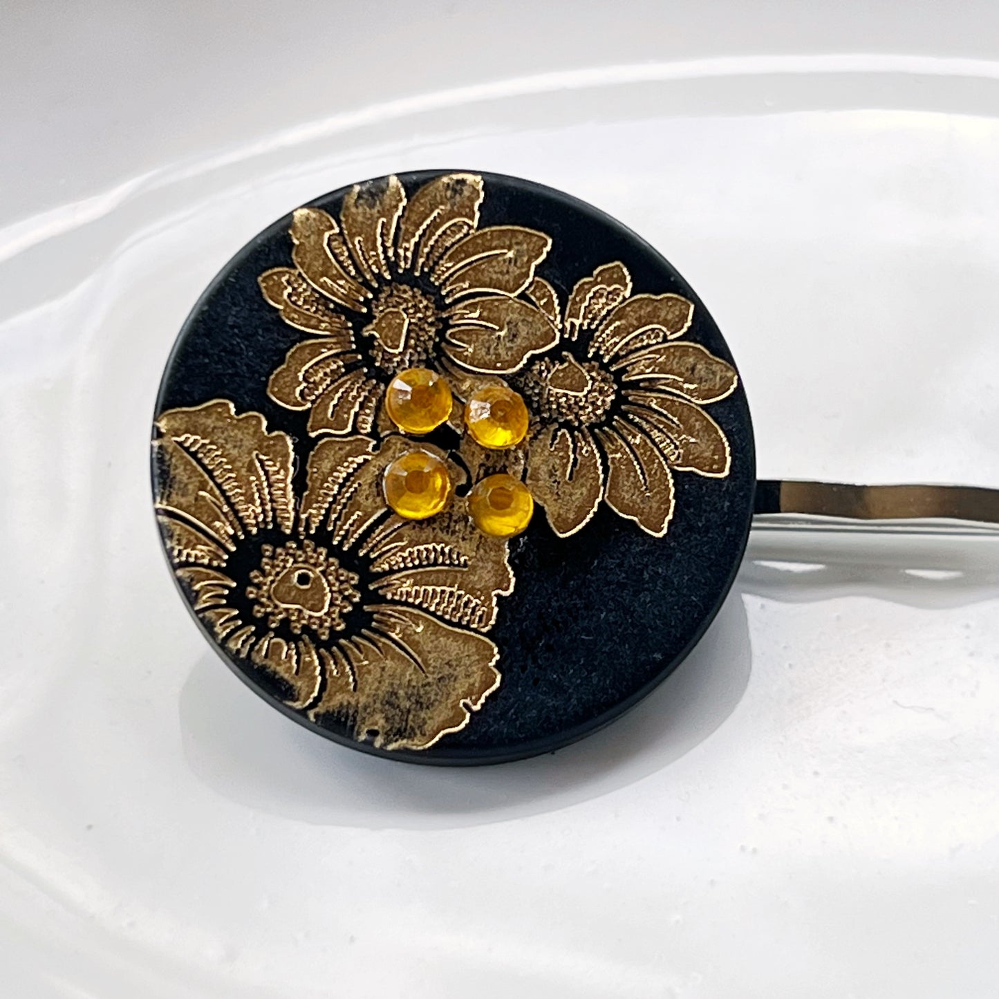 Black & Gold Sunflower Silver Bobby Pin - Elegant Floral Hair Accessory