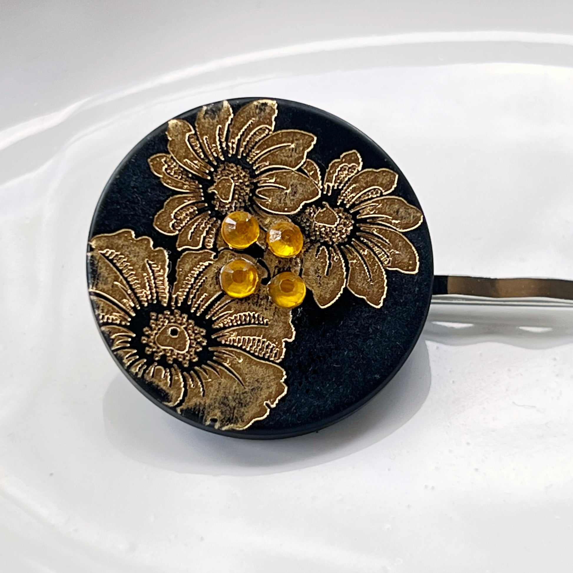 Black & Gold Sunflower Silver Bobby Pin - Elegant Floral Hair Accessory