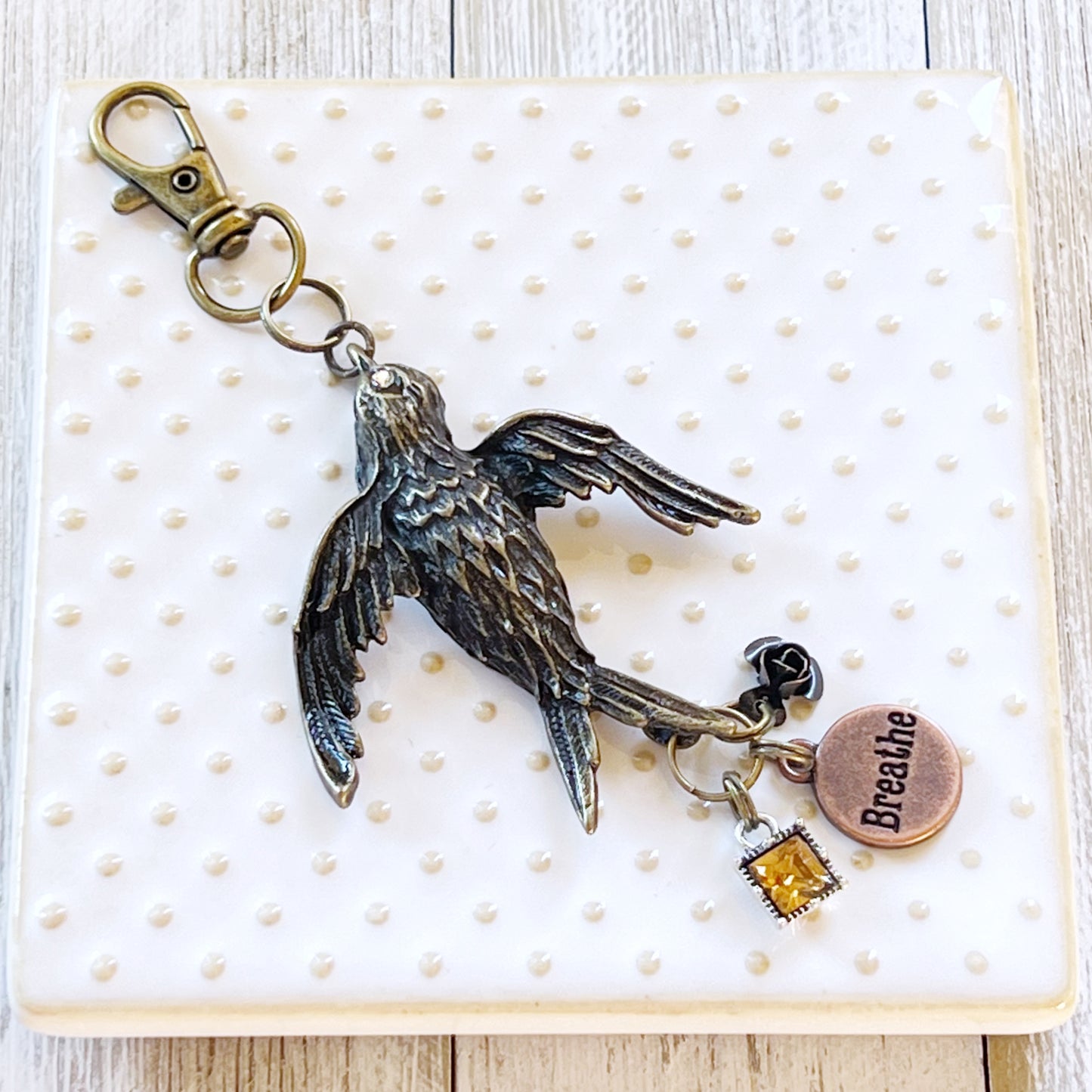 Large Metal 'Breathe' Bird Charm with Rhinestone and Flower Accents - Perfect for Keychain or Purse Decoration