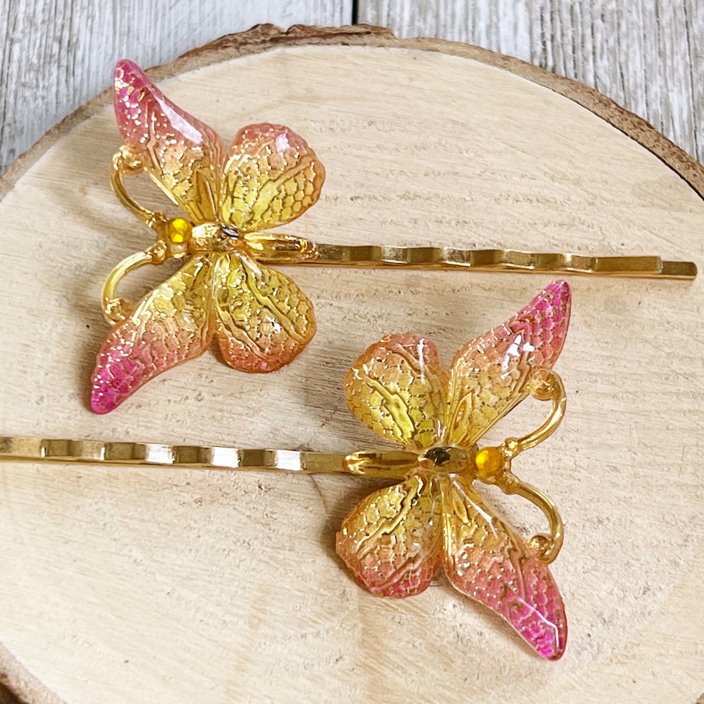 Pink & Yellow Gold Butterfly Hair Pins