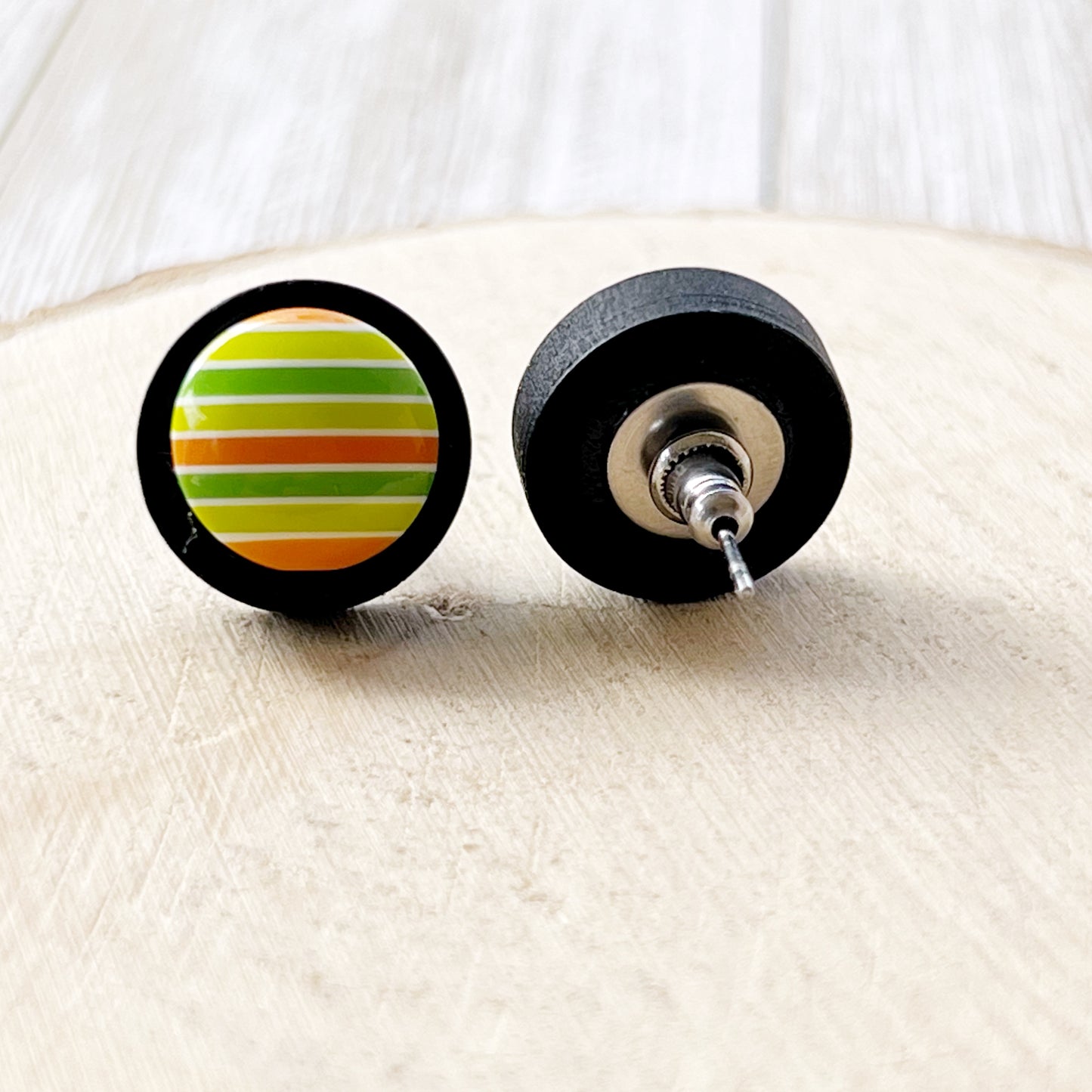 Green & Orange Striped Black Wood Stud Earrings - Unique and Colorful Accessories