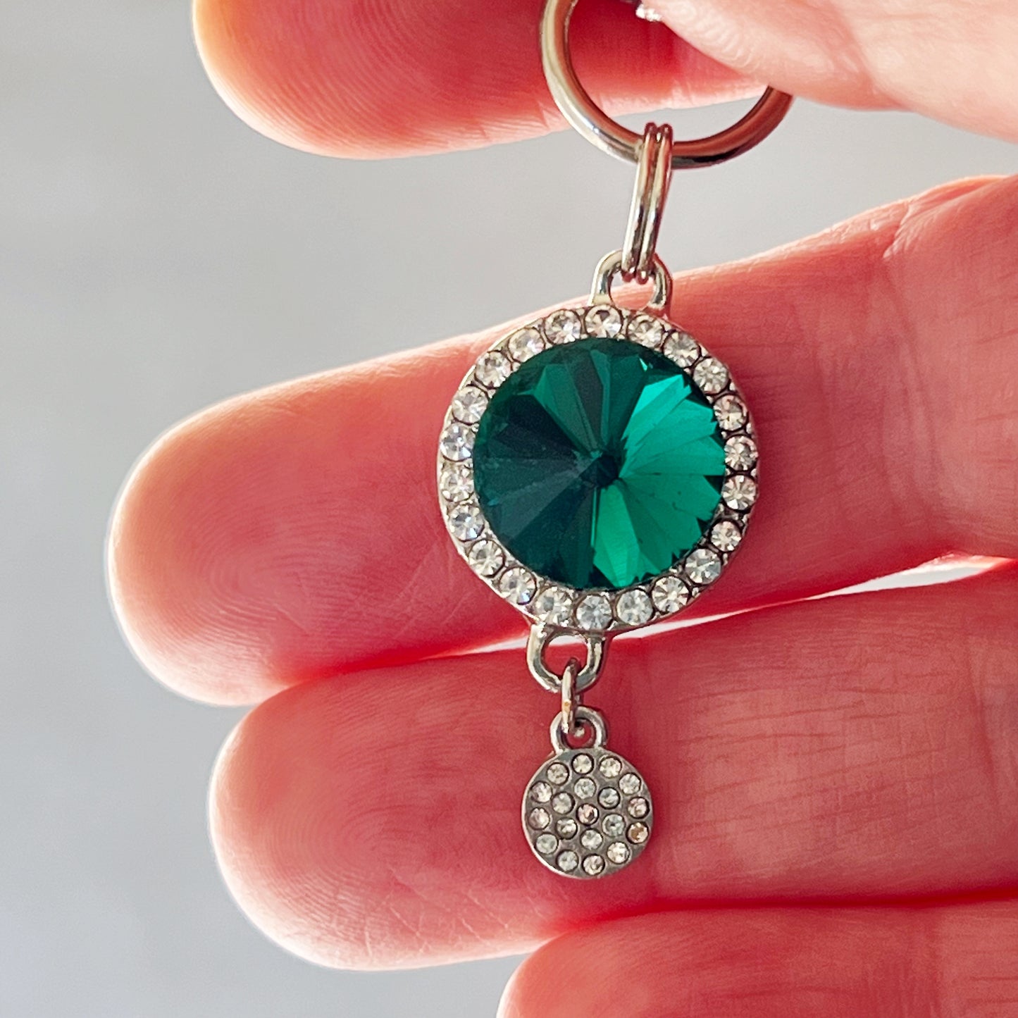 Green Zipper Pull Keychain Charm with Rhinestones