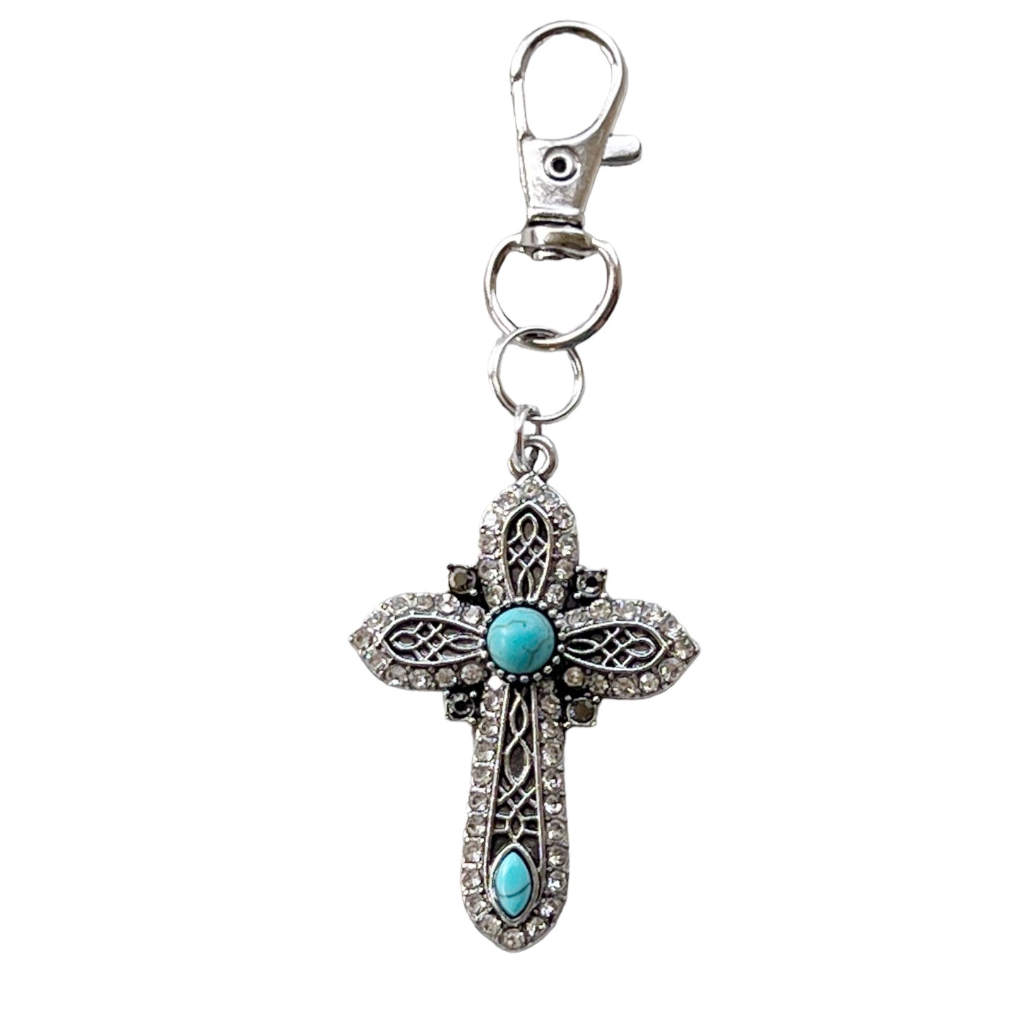 Turquoise Silver Cross Western Zipper Handbag Charm: Stylish Southwestern Accent