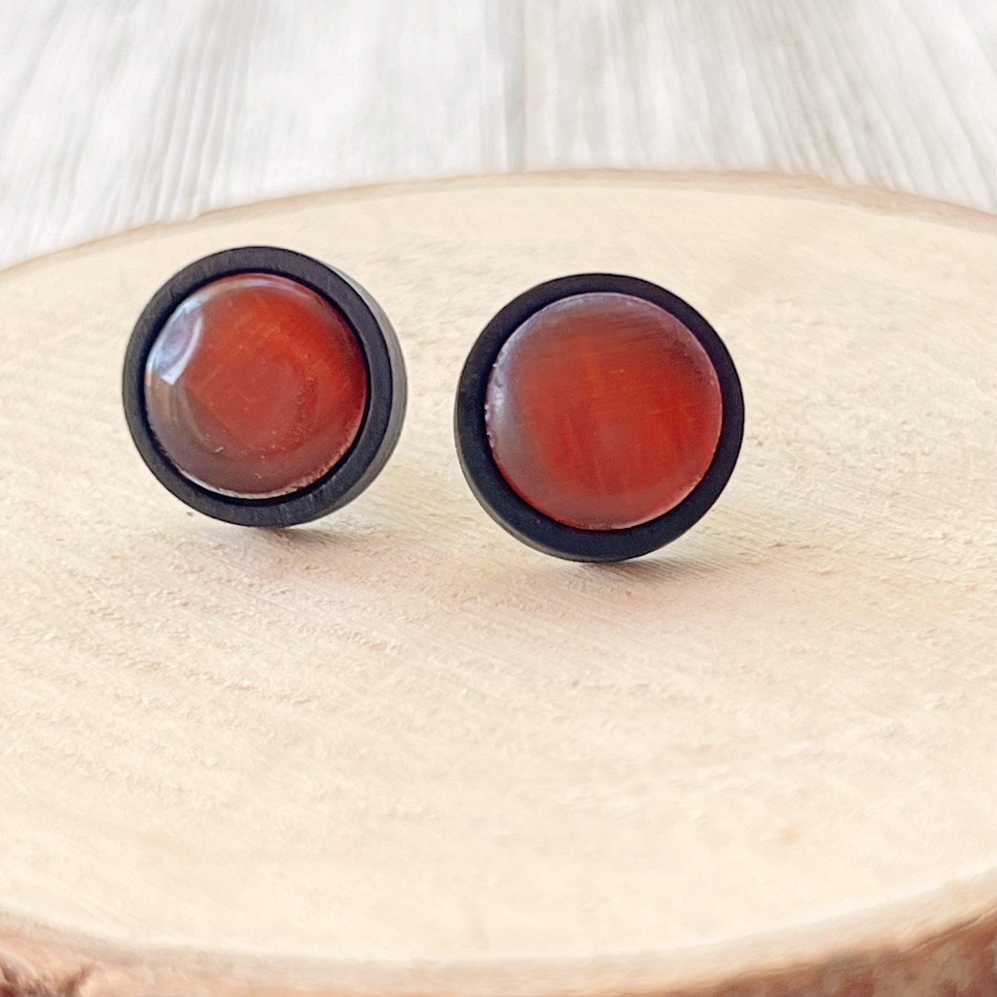 Orange Resin Black Wood Unisex Stud Earrings - Unique & Stylish Accessories