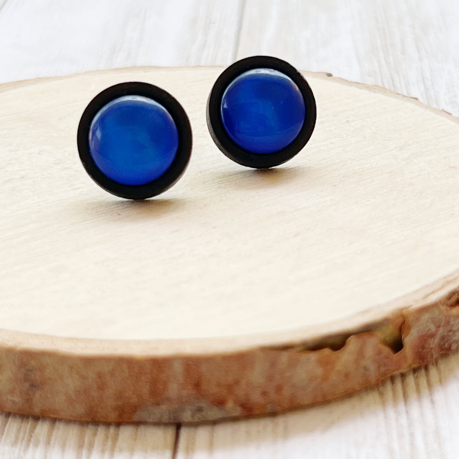 Blue Resin & Black Wood Unisex Stud Earrings - Stylish Contemporary Accessories