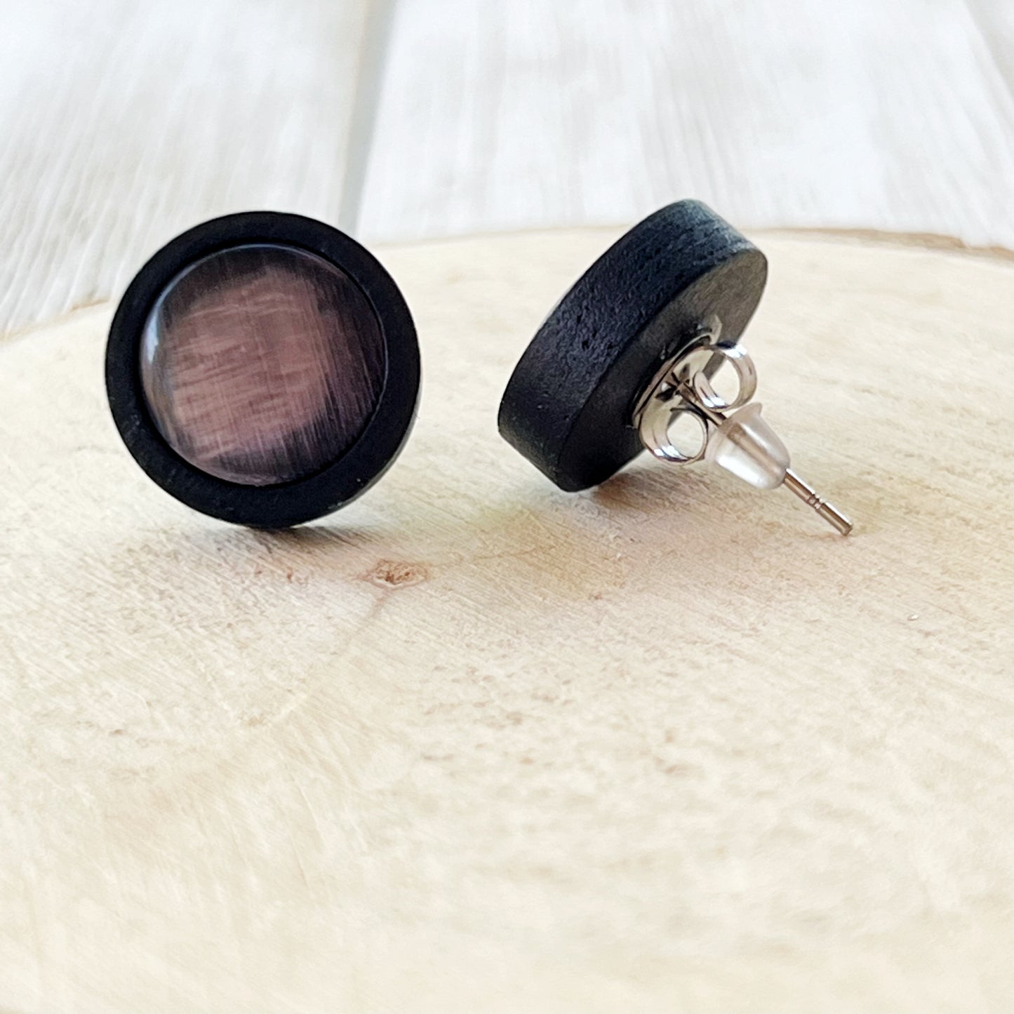 Gray Resin Black Wood Unisex Stud Earrings - Stylish & Versatile Accessories