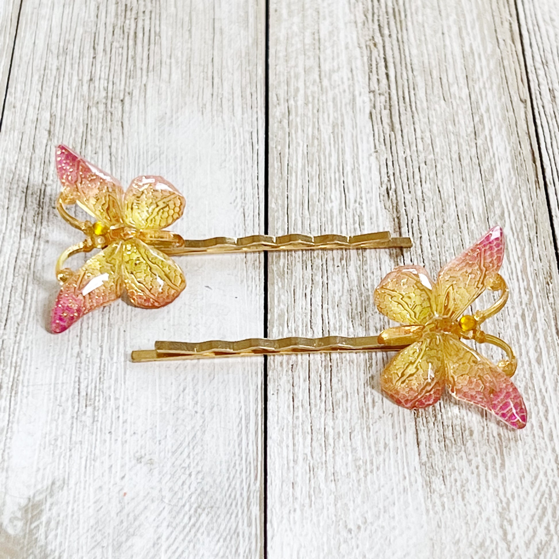 Pink & Yellow Gold Butterfly Hair Pins