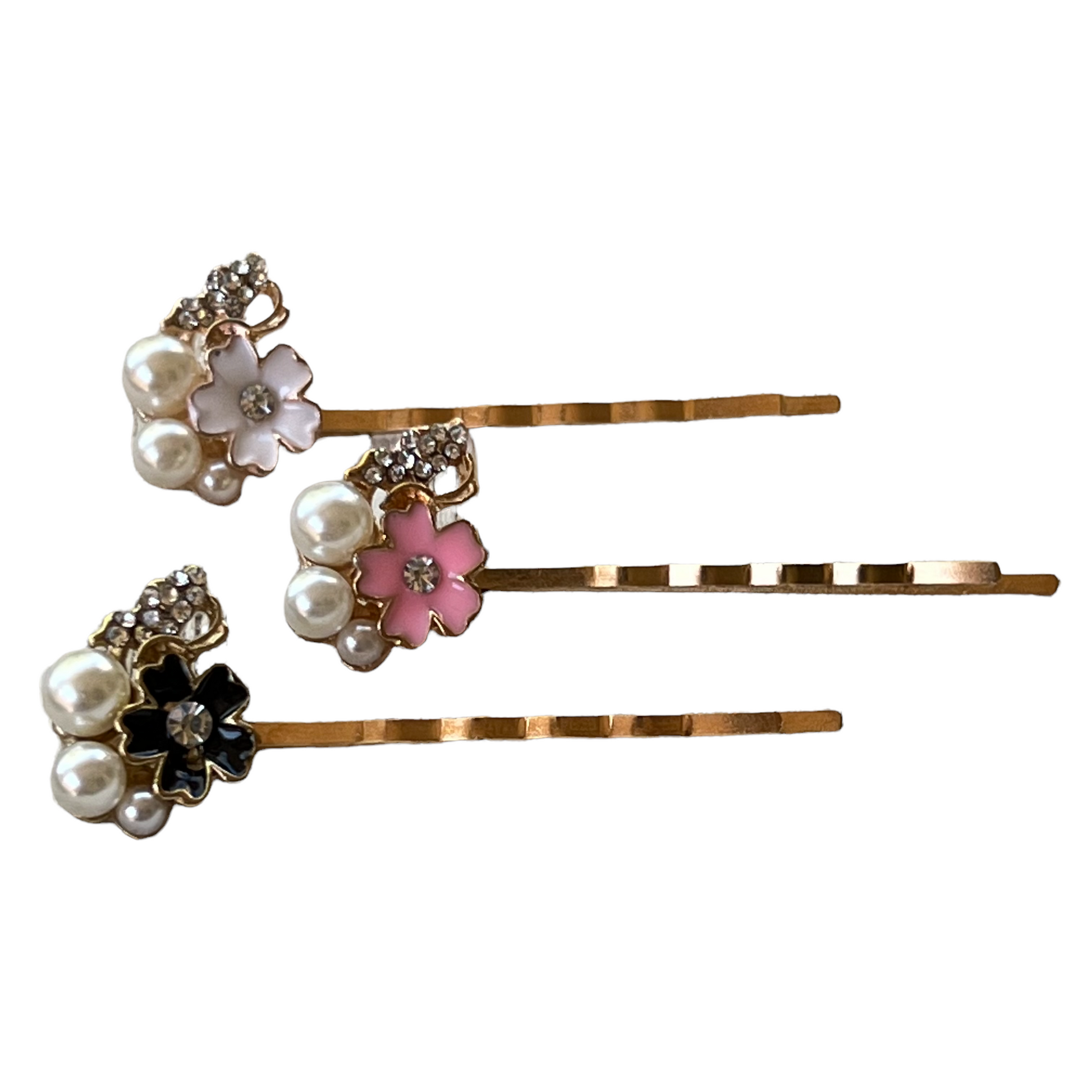 Black, White & Pink Enamel and Rhinestone Flower Hair Pins Set of 3 - Elegant and Versatile Hair Accessories