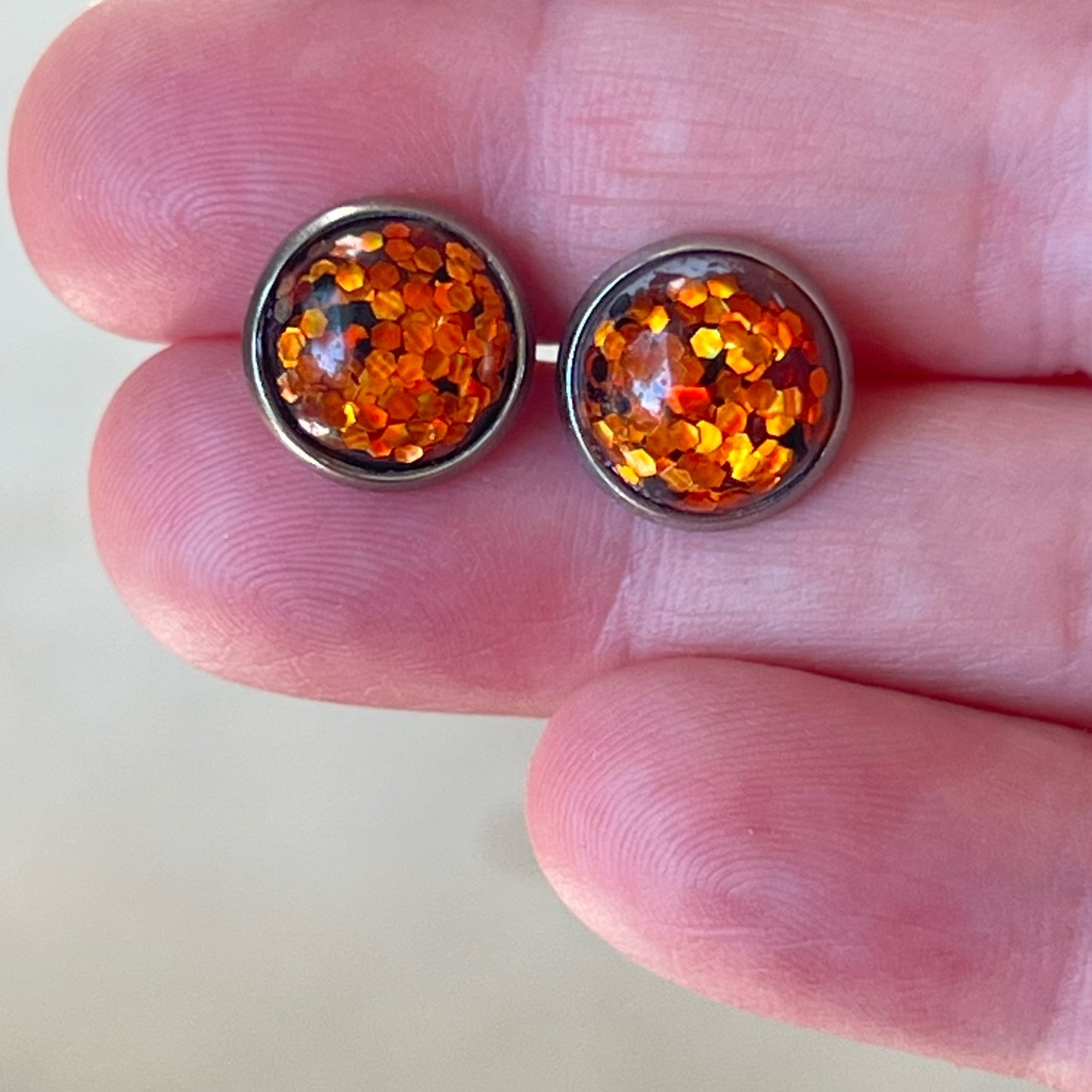 Orange Glitter 10mm Silver Stud Earrings - Sparkling and Elegant Accessories