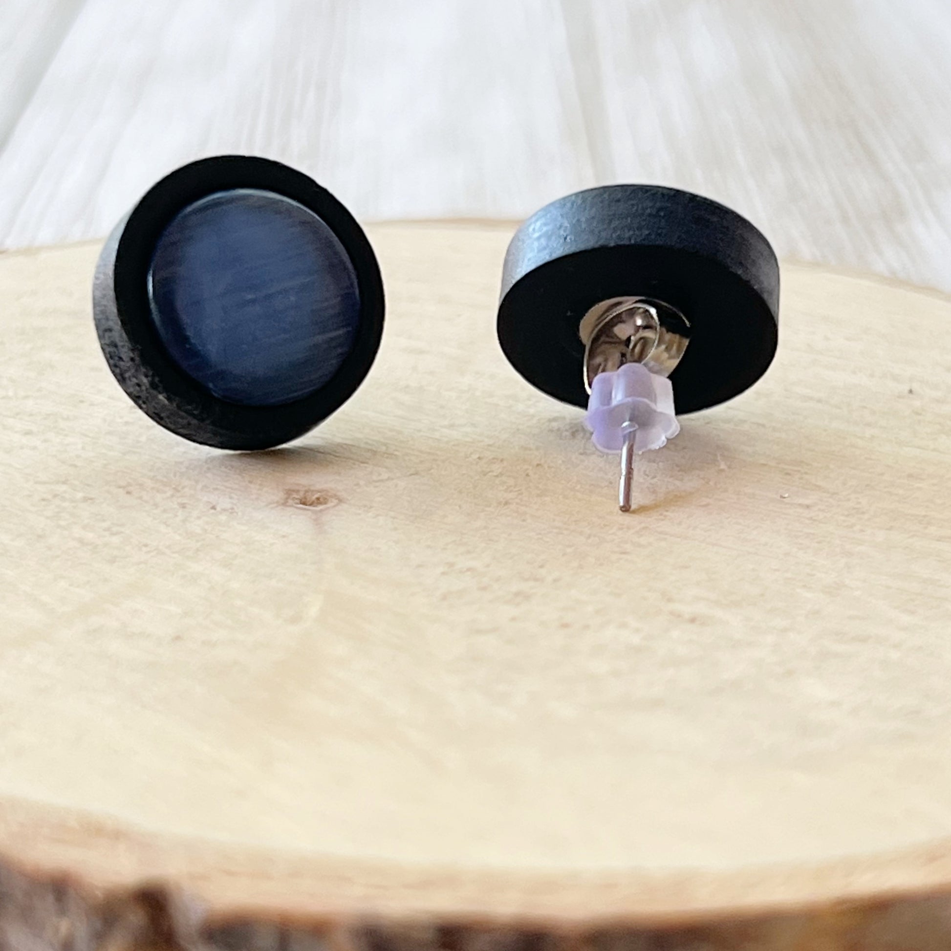 Blue Glass Black Wood Unisex Stud Earrings - Stylish & Versatile Accessories