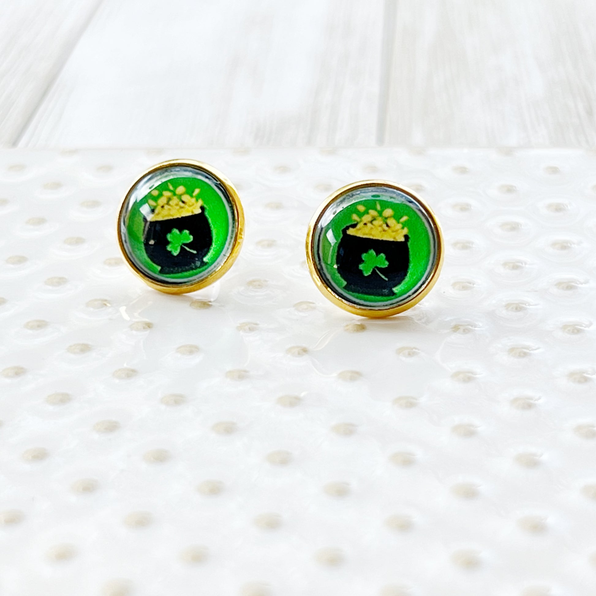 Gold Stud Earrings: Lucky Pot of Gold Design for St. Patrick's Day Charm