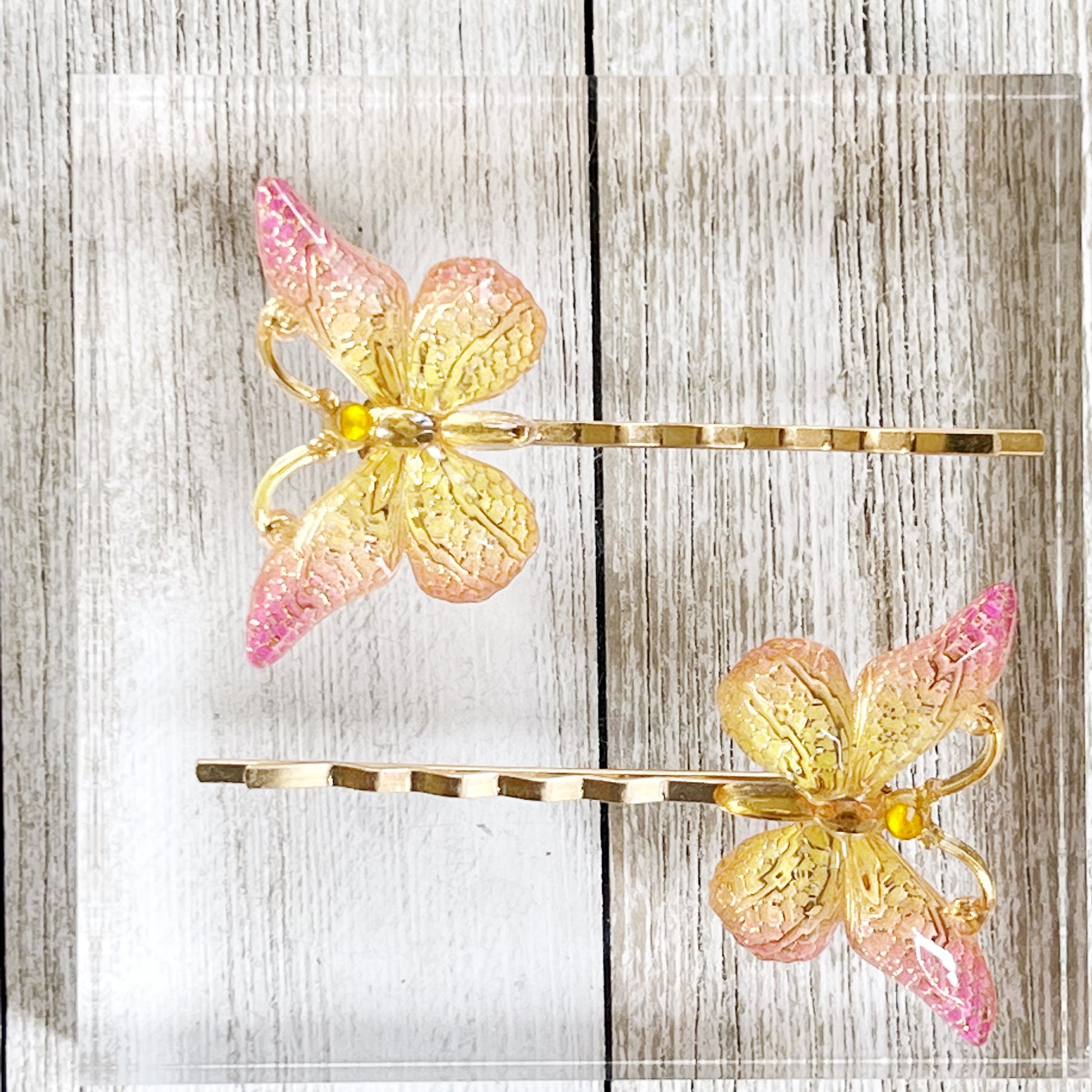 Pink & Yellow Gold Butterfly Hair Pins