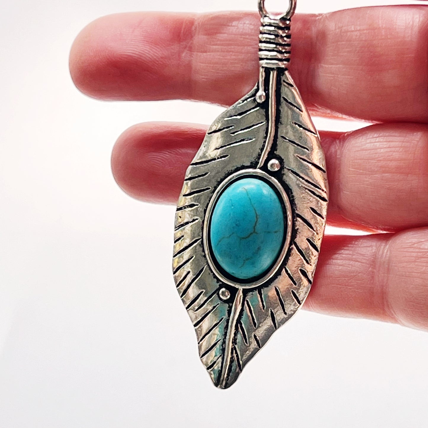 Turquoise Silver Feather Western Zipper Pull Keychain Charm