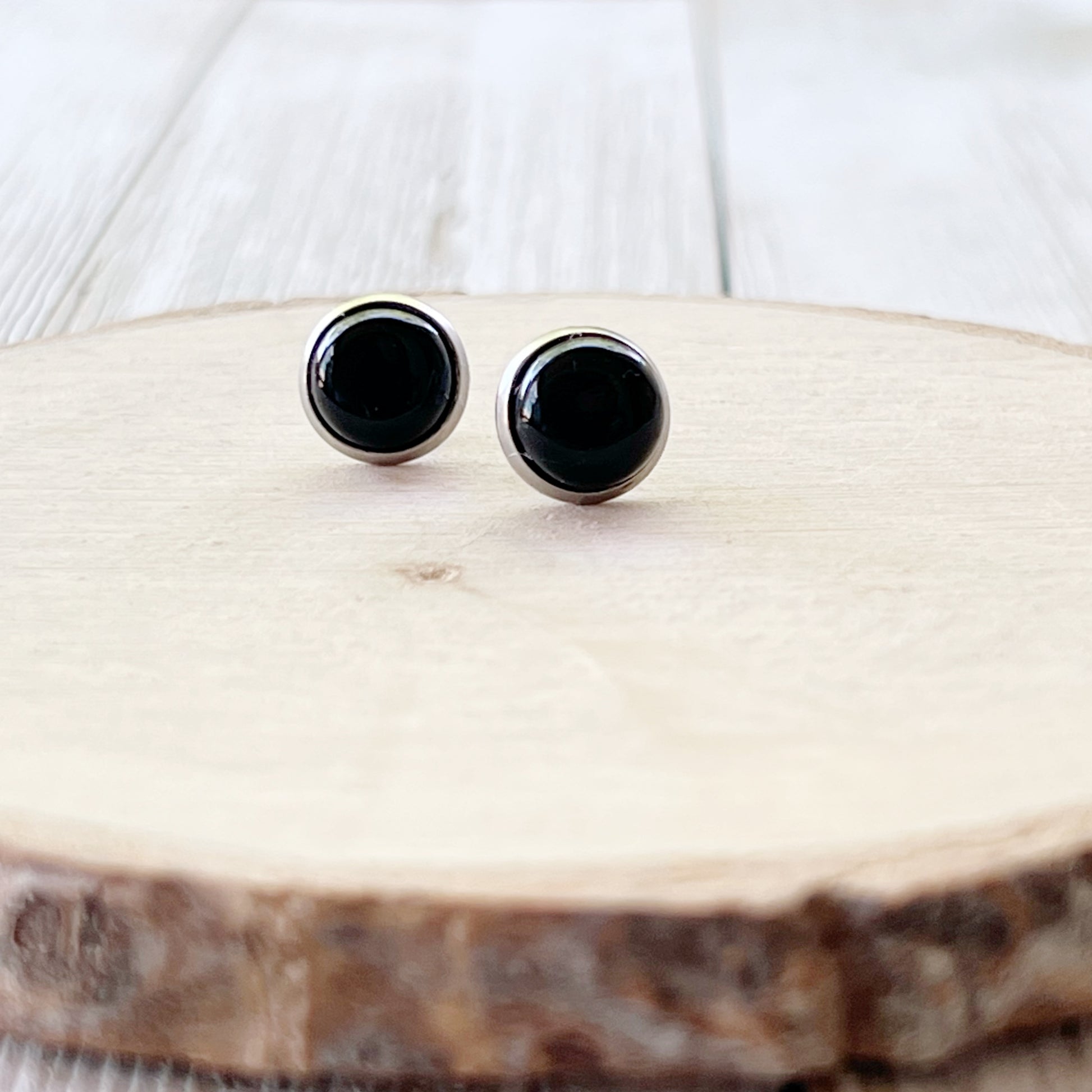 Black Onyx Agate 8mm Stainless Steel Stud Earrings - Stylish & Elegant Accessories