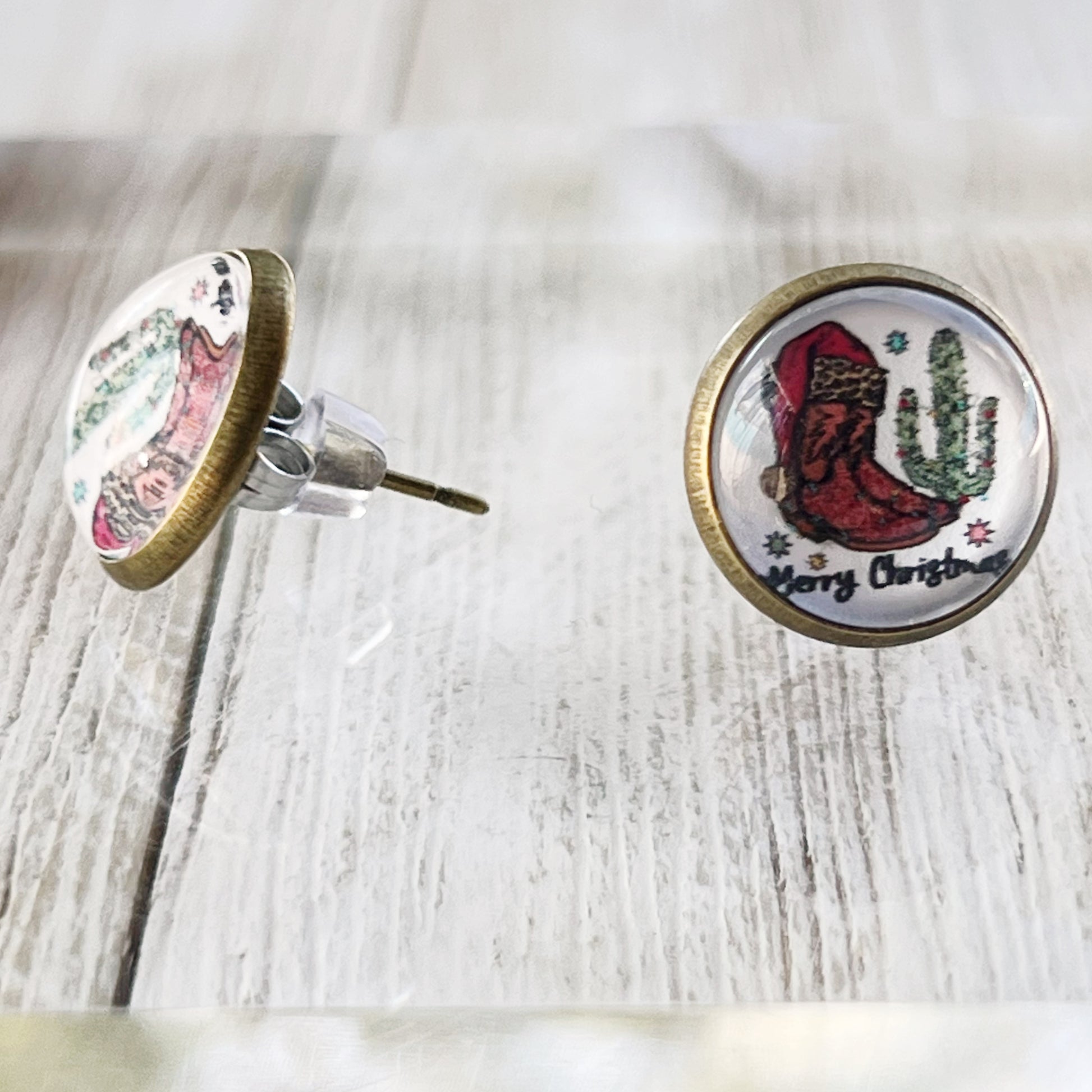 Western Cactus & Boot Merry Christmas Stud Earrings: Festive Southwest Charm