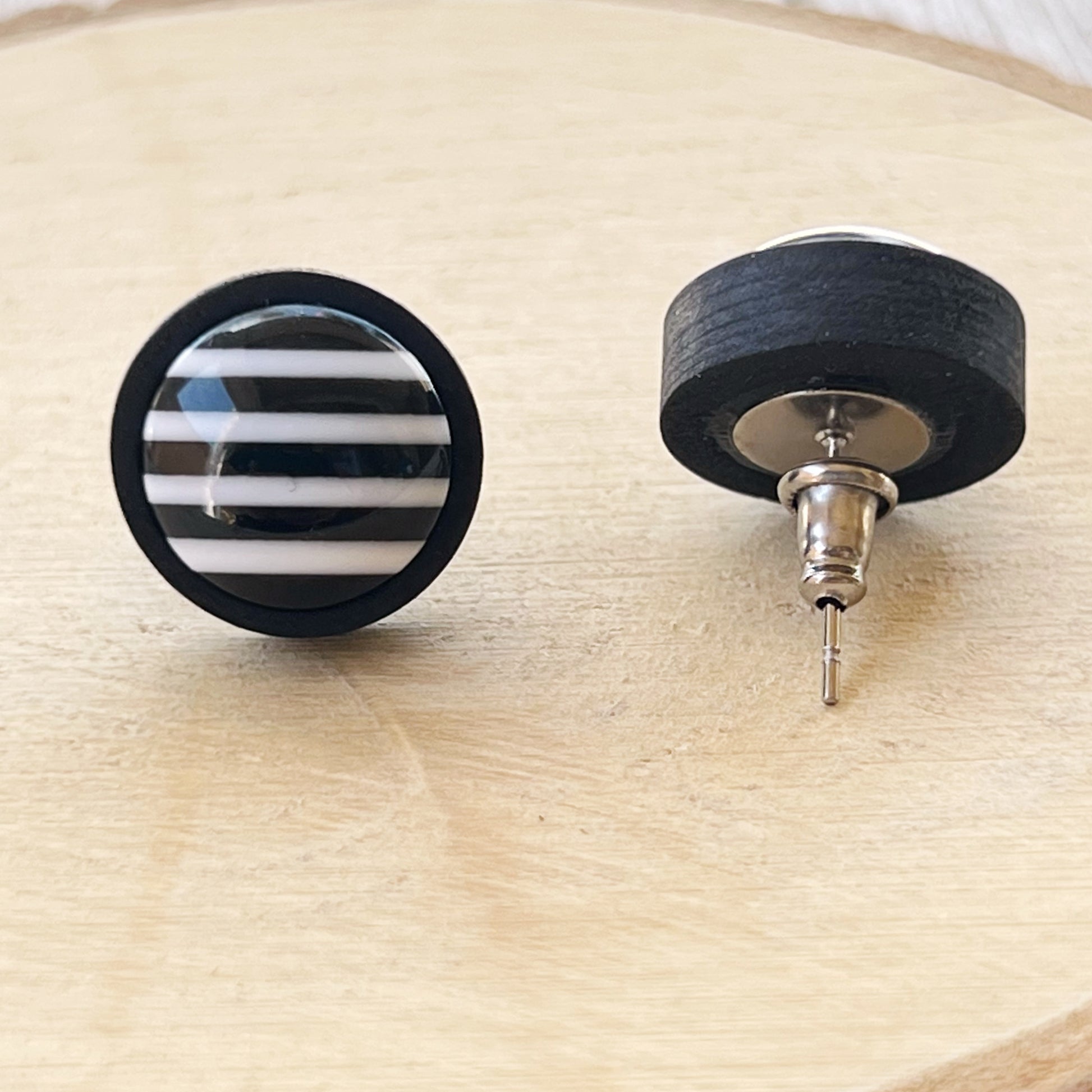 Black & White Large Striped Wood Earrings - Statement Monochrome Accessories