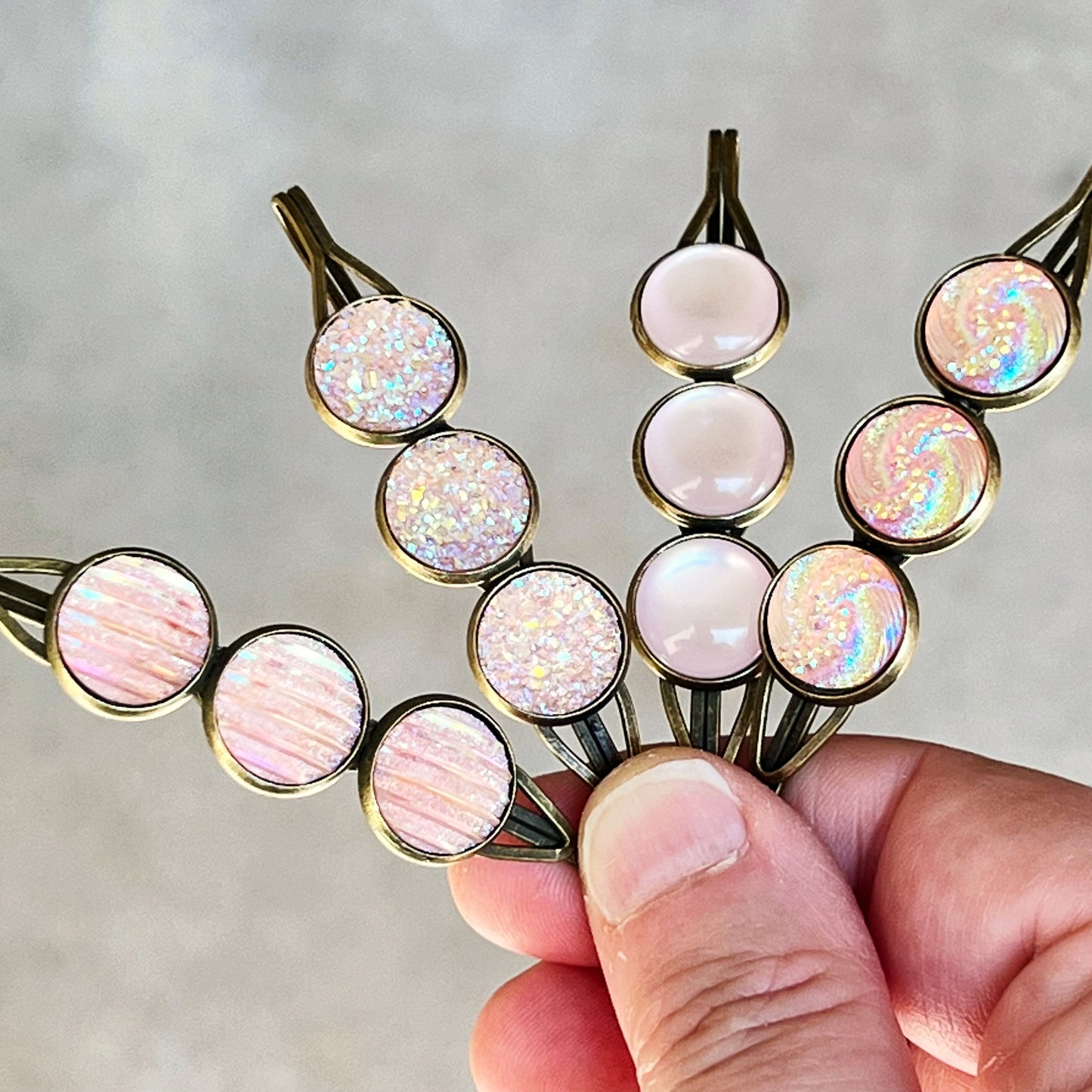 Pink Glitter Druzy Hair Pins - Set of 4 with Unique Pattern Designs