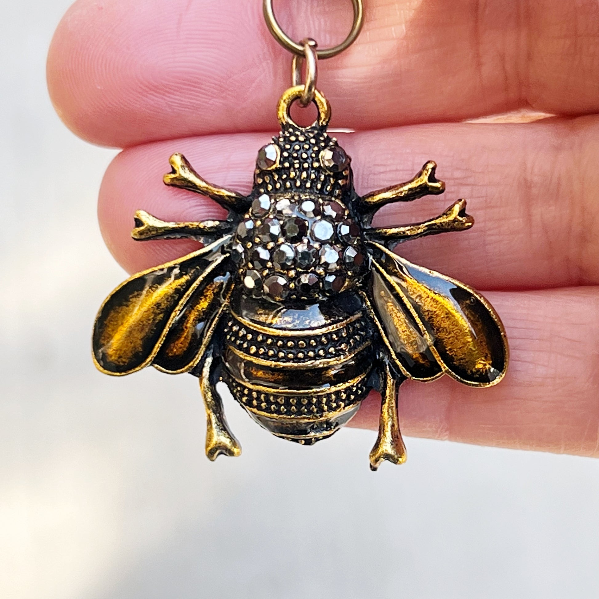 Gothic Bee Zipper Pull Keychain Purse Charm - Rhinestone Embellished Accessory