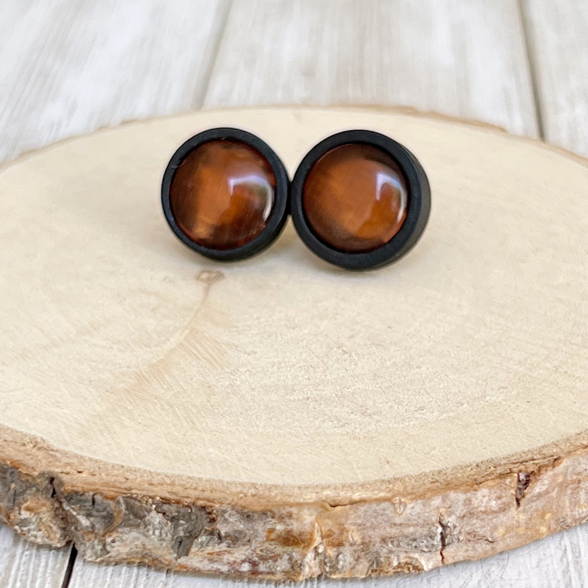 Orange Resin Black Wood Unisex Stud Earrings - Unique & Stylish Accessories