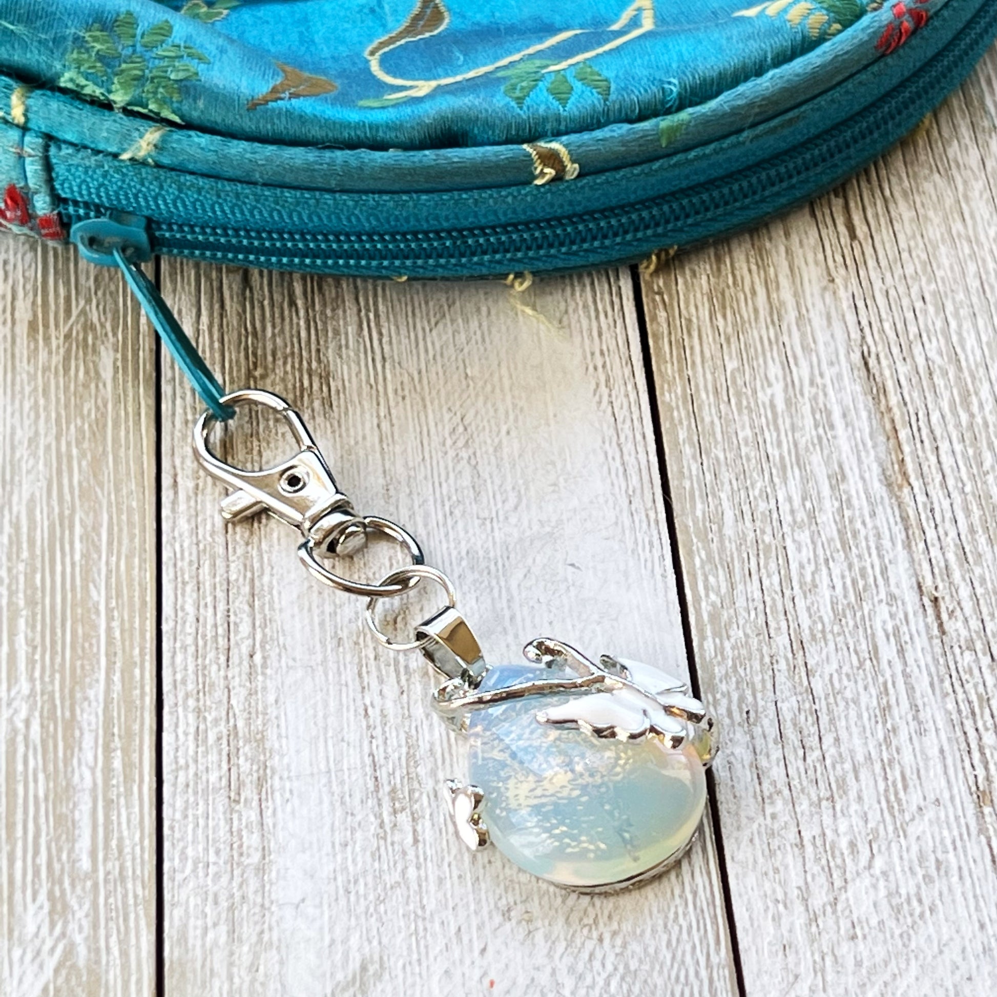 White Butterfly Wrapped Stone Zipper Pull Keychain Charm