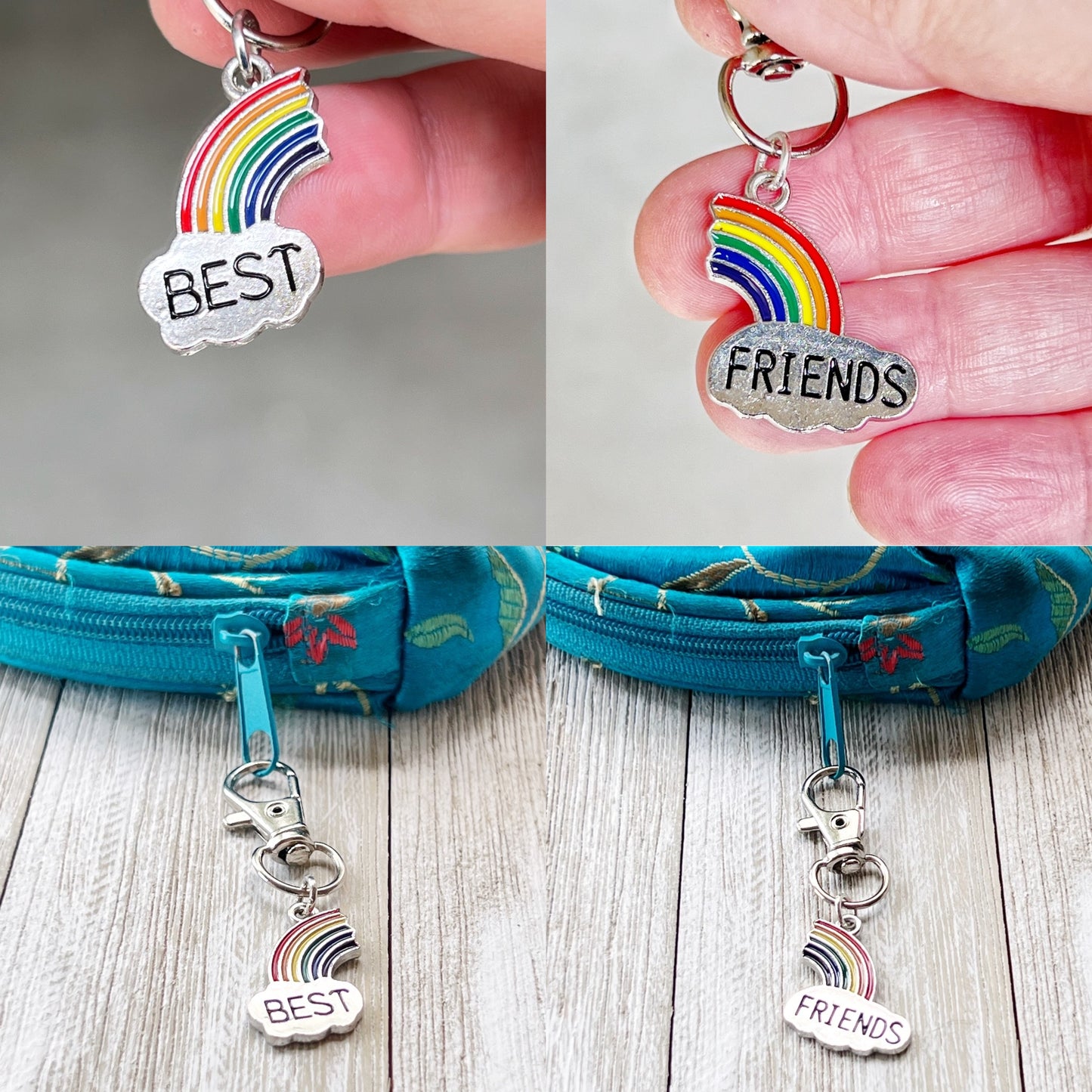 Rainbow Best Friends Zipper Pull Keychain Charm with Rhinestones